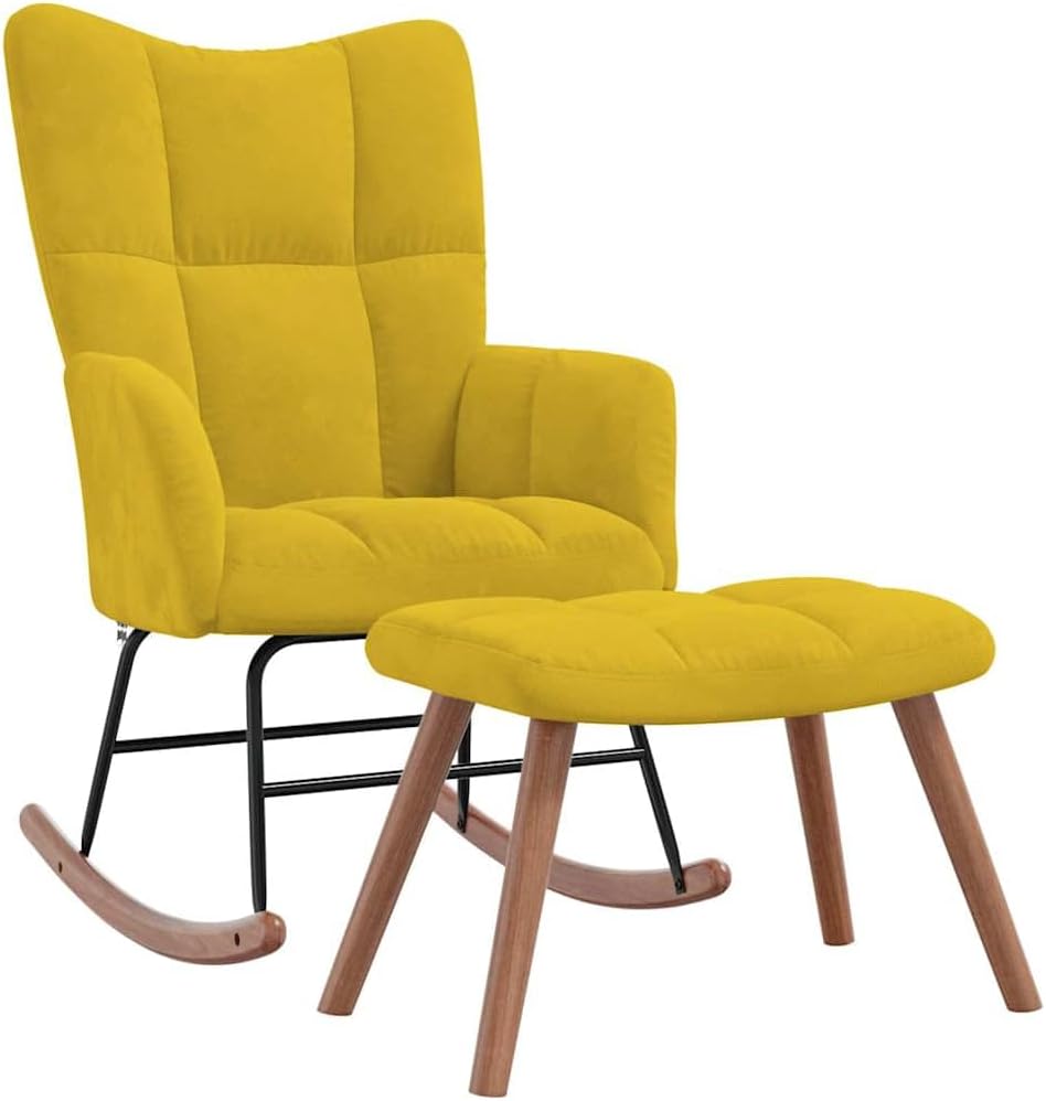 Modern Rocking Chair with Ottoman Set, Mustard Yellow Velvet Nursery Glider with Padded Armrests, Comfortable Upholstered Rocker for Living Room Bedroom Reading Nook