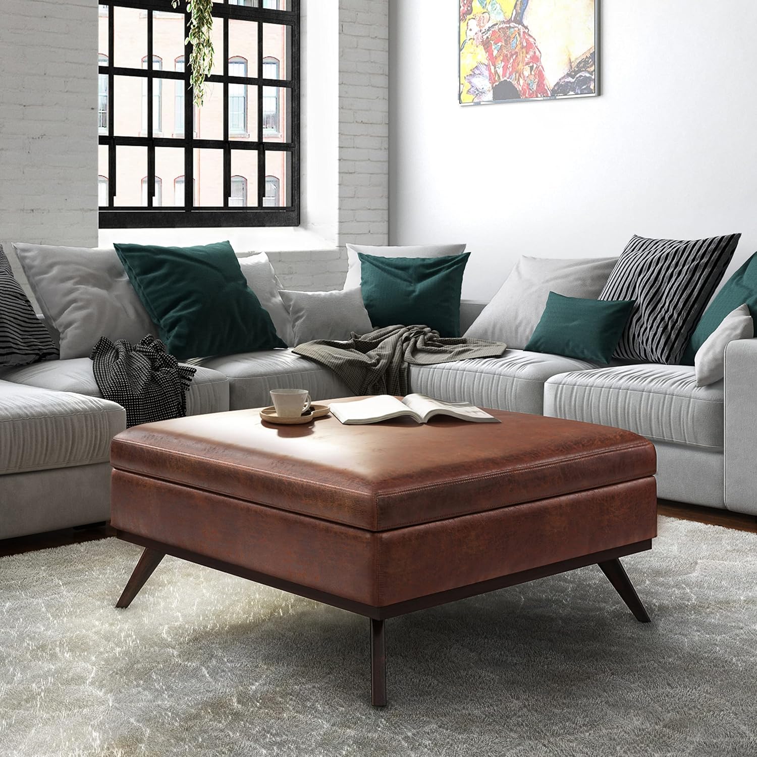 SIMPLIHOME Owen XL Square Coffee Table Storage Ottoman - 40 inch Wide Upholstered Vegan Leather Lift-Top Ottoman in Distressed Saddle Brown, Mid-Century Modern Ottoman for Living Room with Storage