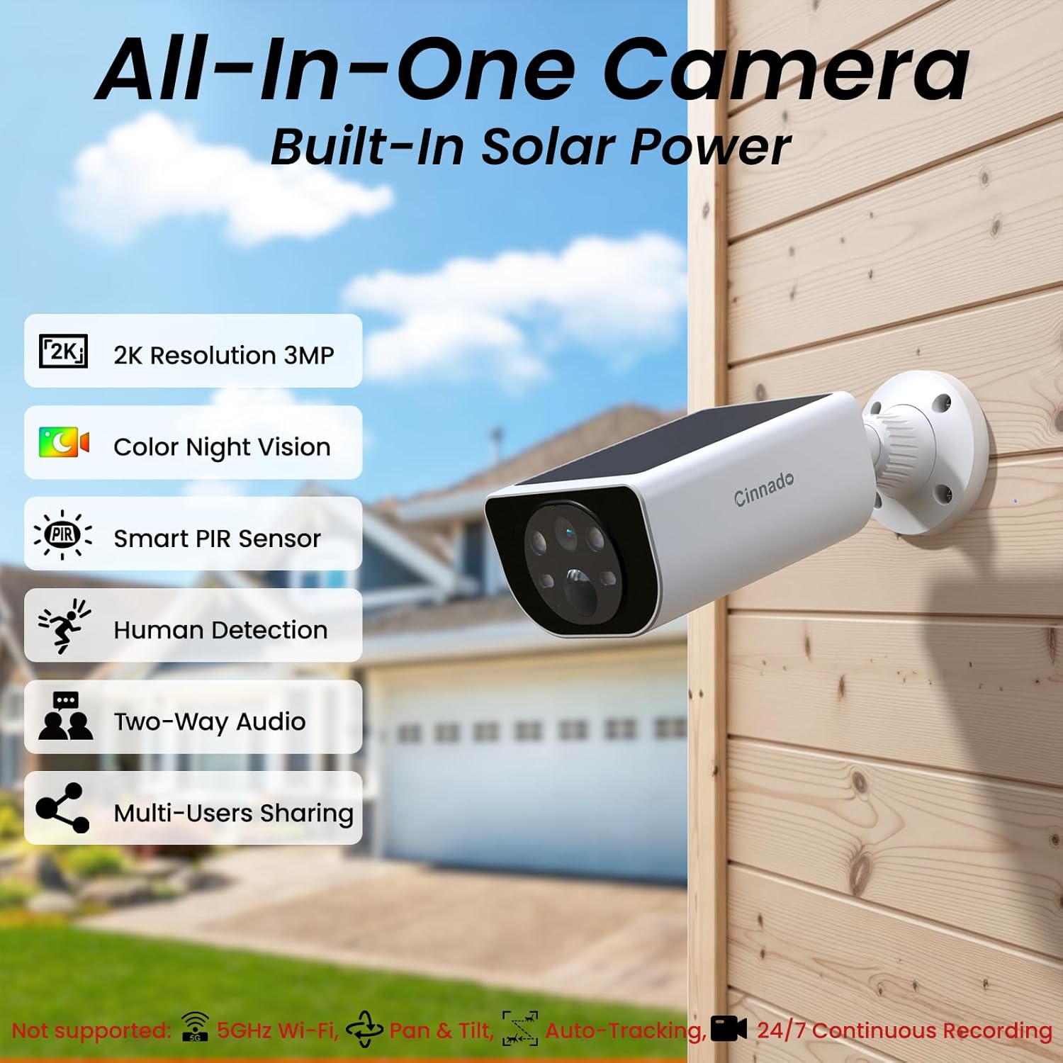 Cinnado Security Cameras Wireless Outdoor - Home Security Cameras Solar & Battery Powered with 2K Color Night Vision, 2-Way Talk & Spotlight, Continuous Power, 2.4 GHz Wi-Fi, Easy Set Up, S1 4 Pack