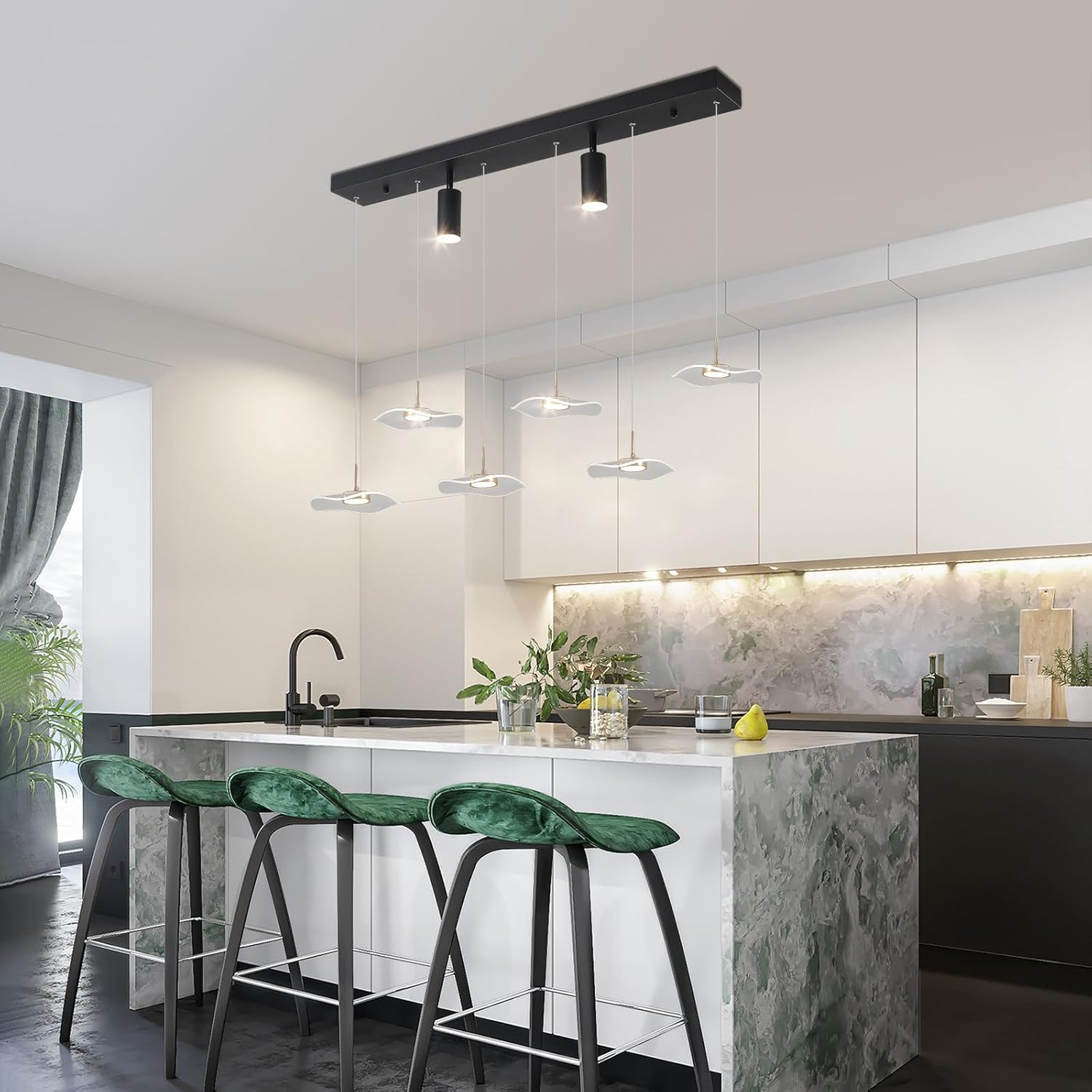 Siittoo Modern Chandeliers for Dining Room, 40in Dimmable LED Pendant Lights Kitchen Island with Remote Control, Adjustable Height Kitchen Island Lighting Fixture with Spotlights(34W, 6-Light)