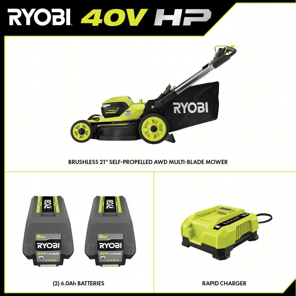 Ryobi 40V HP Brushless 21-in Self-Propelled AWD Lawn Mower Whisper Series ncludes (2) 6.0Ah Batteries and Charger