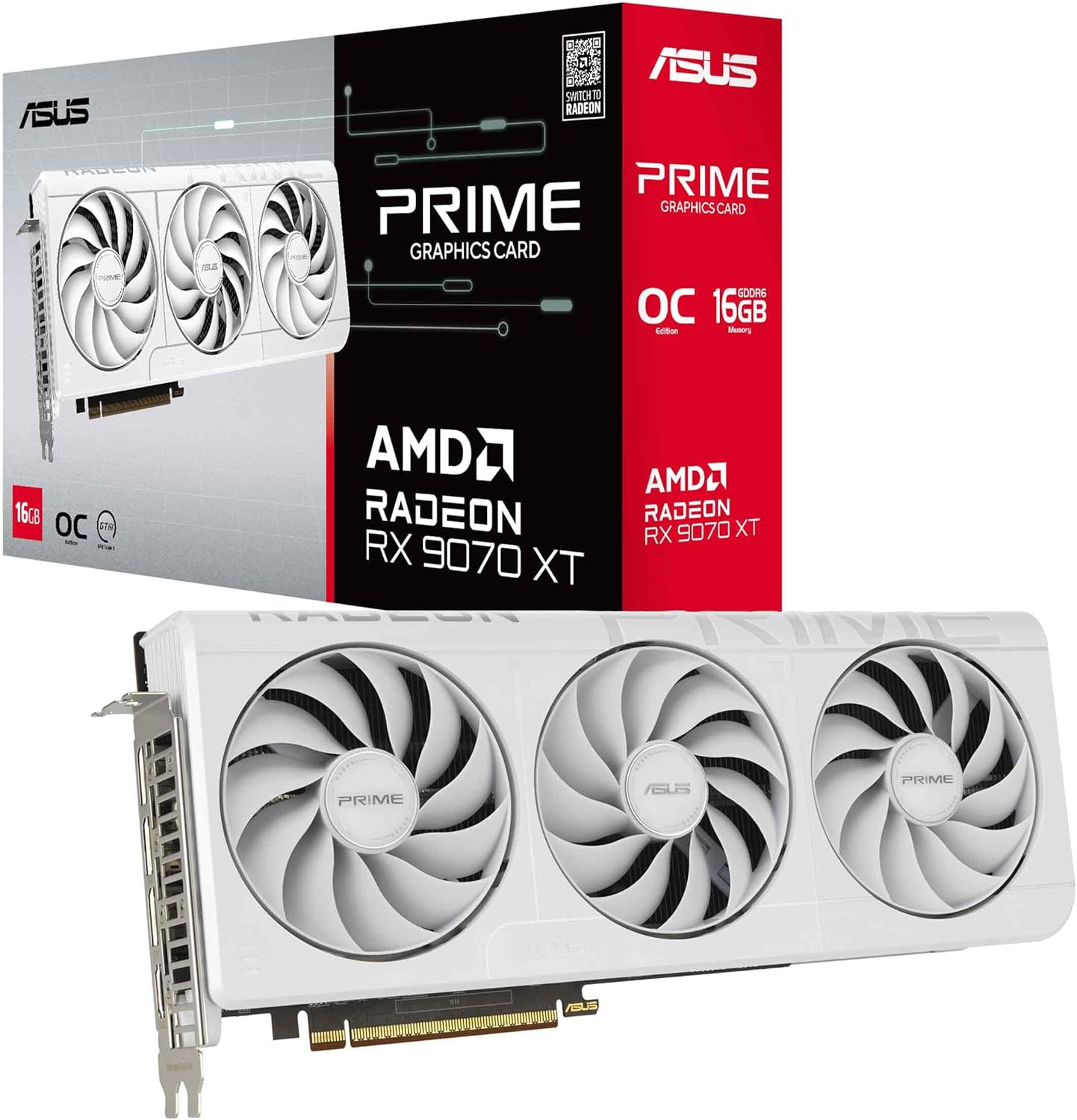 ASUS Prime Radeon™ RX 9070 XT White OC Edition Graphics Card, AMD (PCIe 5.0, HDMI/DP 2.1, 2.5-Slot Design, Axial-tech Fans, Ball Bearings, Dual BIOS, GPU Guard)