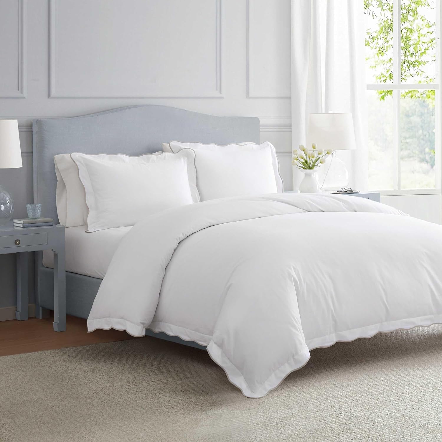 Martha Stewart - King Duvet Cover Set, 100% Soft Cotton Bed Set with a Smooth Cotton Percale Reverse, 3 Piece Bedding with Matching Pillowcases (Simple Scallop Beige)