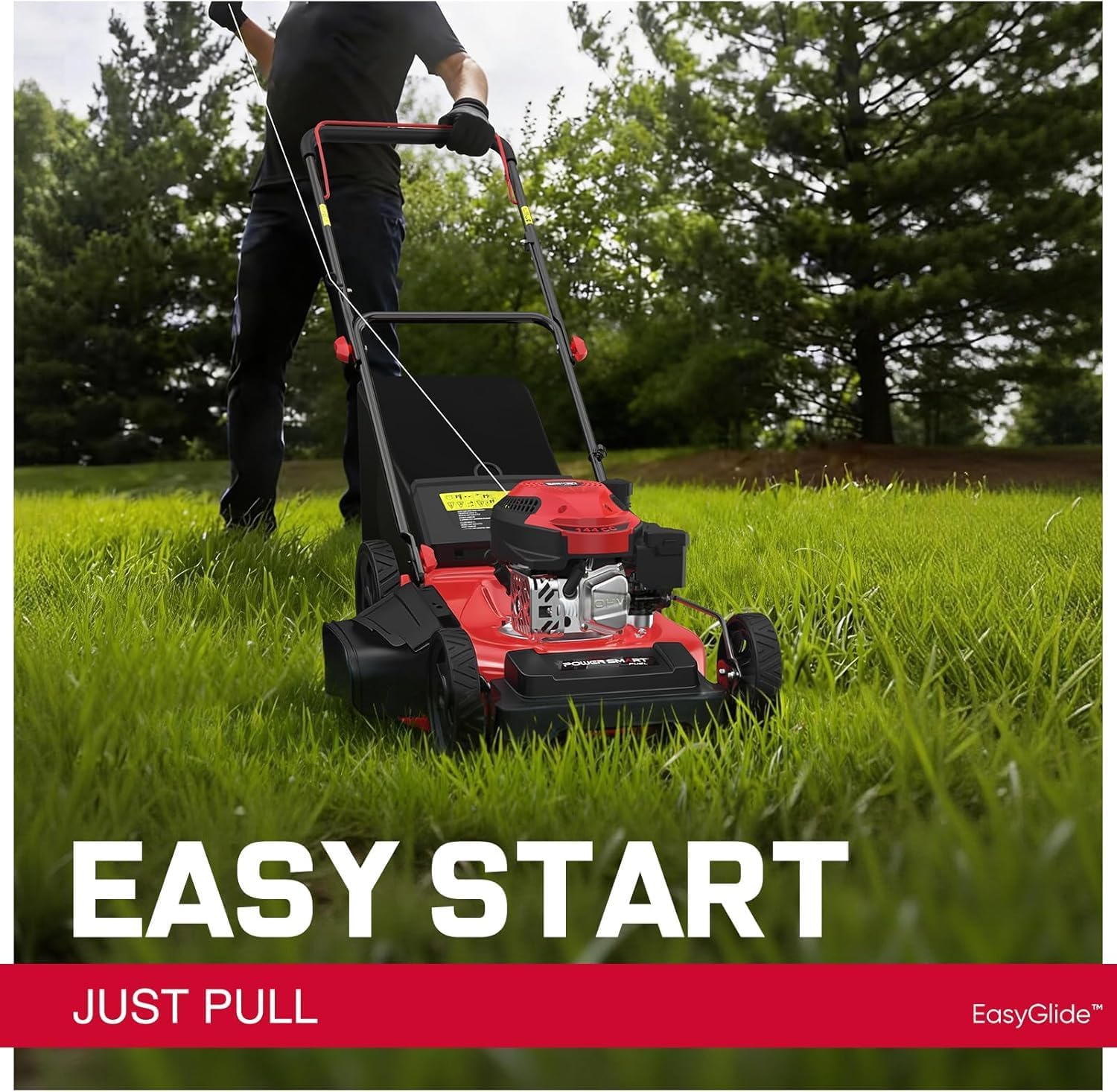 PowerSmart Gas Push Lawn Mower 21-inch 144cc 4-Stroke Engine with Easy Adjustable Cutting Height, High Wheels, 3-in-1 Mulch/Bag/Side Discharge, 6 Height Adjustment