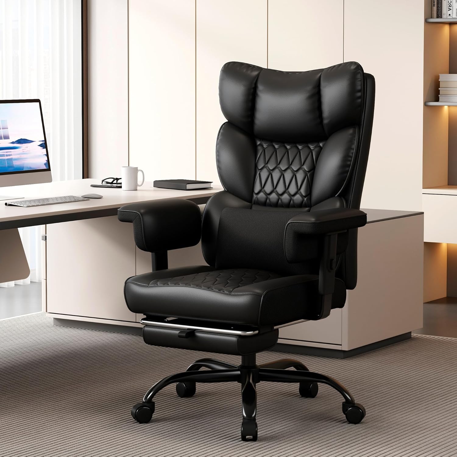 Misolant Big and Tall Office Chair with Footrest, High Back Executive Desk Chair with Adjustable Lift Armrest, 155°Recline .Lumbar Support Pillow, Faux Leather Gaming Chairs for Home or Office Black