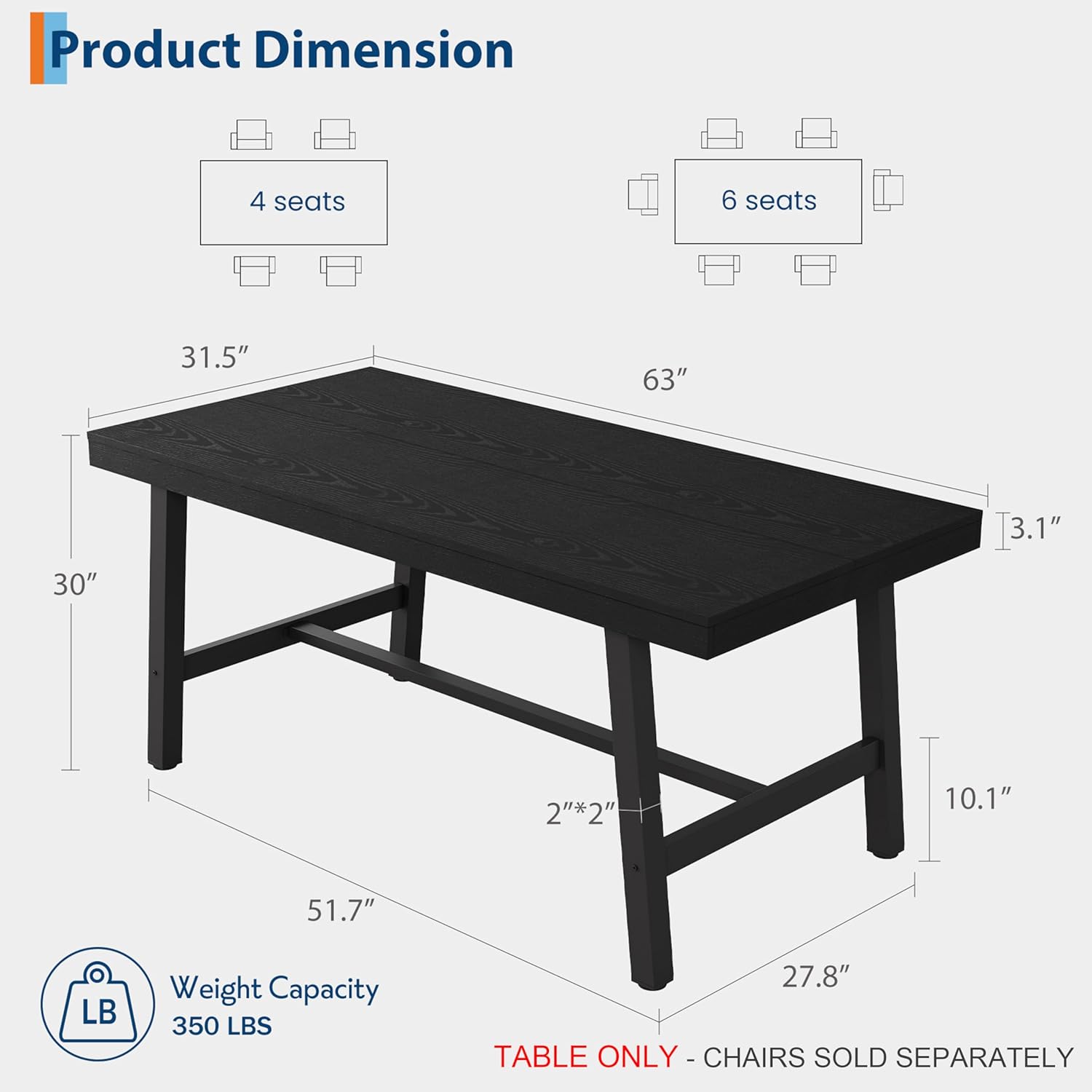 GarveeHome Industrial Dining Table for 4-6 People, 63