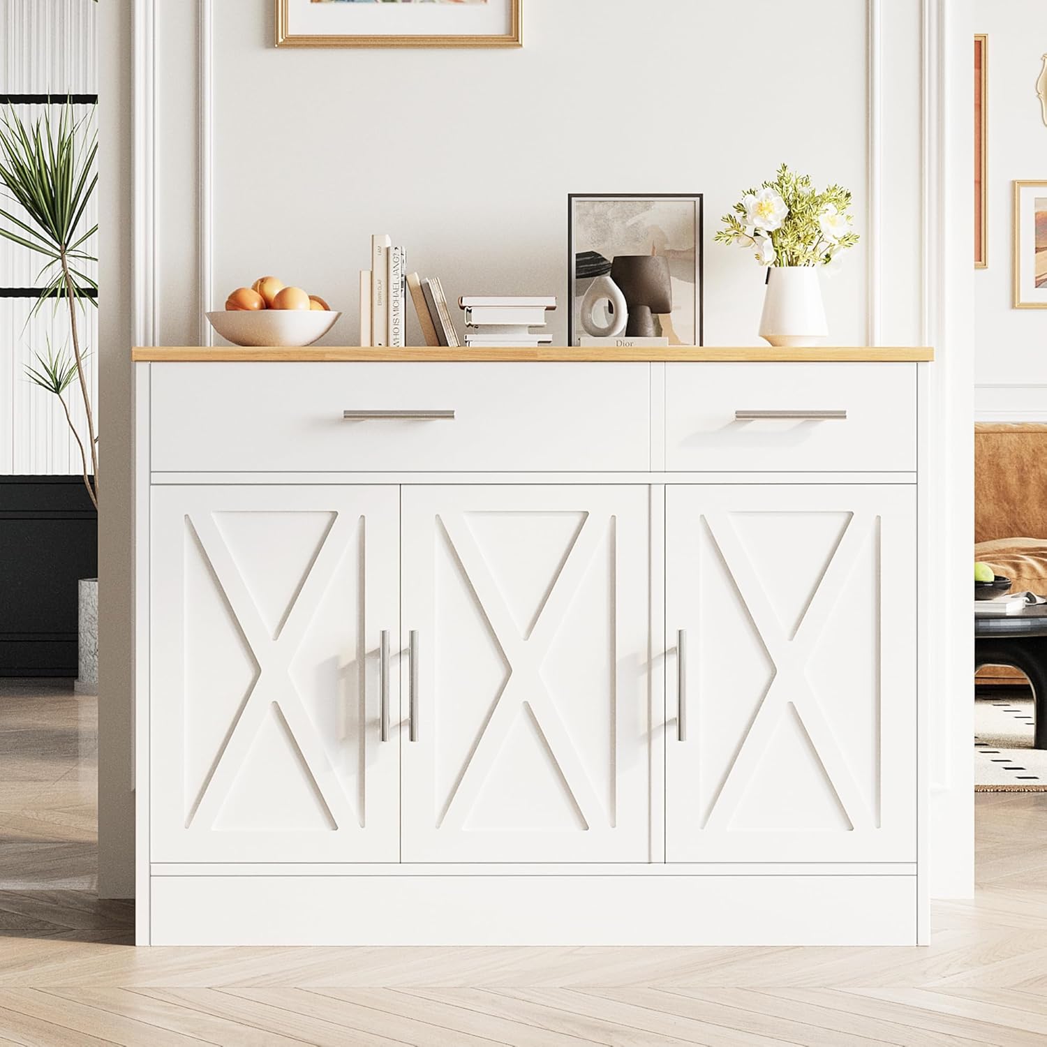 Vongrasig Coffee Bar Cabinet, Farmhouse Sideboard Buffet Cabinet with Storage, Coffee Bar with Drawers and Shelves, Wood Buffet Table for Kitchen, Dining Room, White