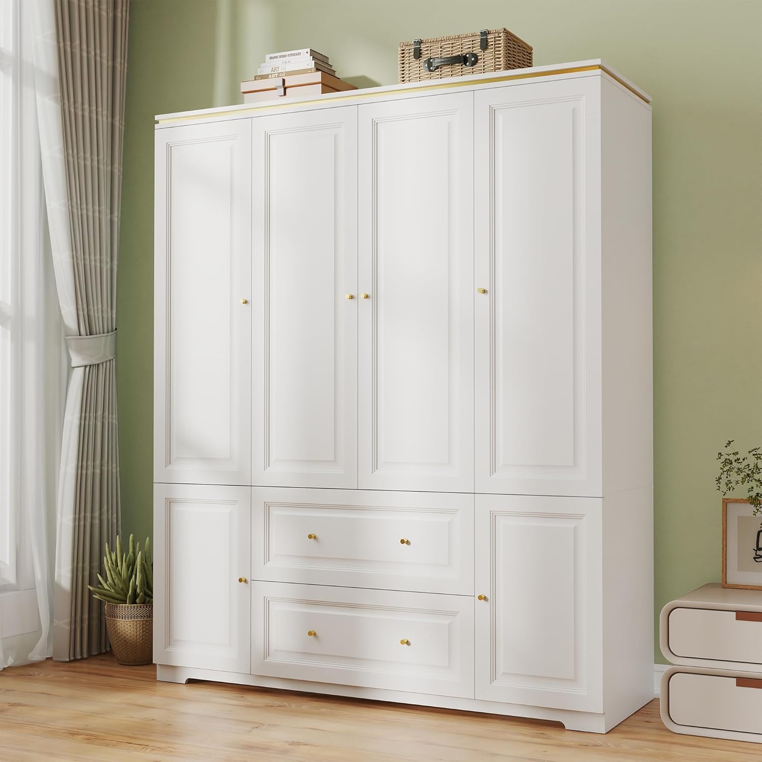 Armoire Wardrobe Closet with Drawers: Large White Wardrobe Closet with 4 Doors and 2 Drawers, Wooden Bedroom Armoires Storage Cabinet with Hanging Rod and Shelves (59