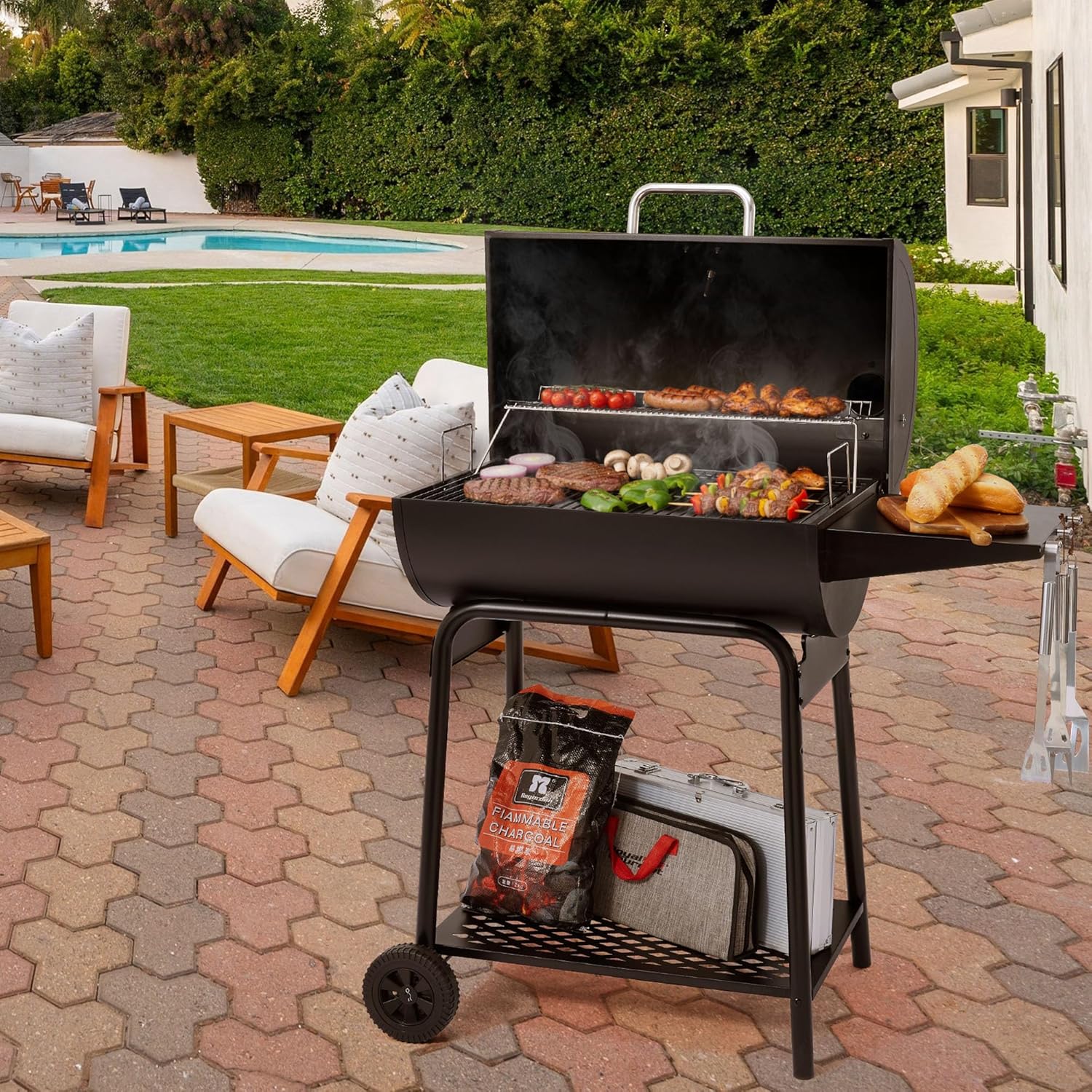 Royal Gourmet CC1830 28 Inch Barrel Charcoal Grill with Warming Rack, Outdoor BBQ Grill with 626 Sq. In. Grilling Space for Backyard, Patio and Parties, Black