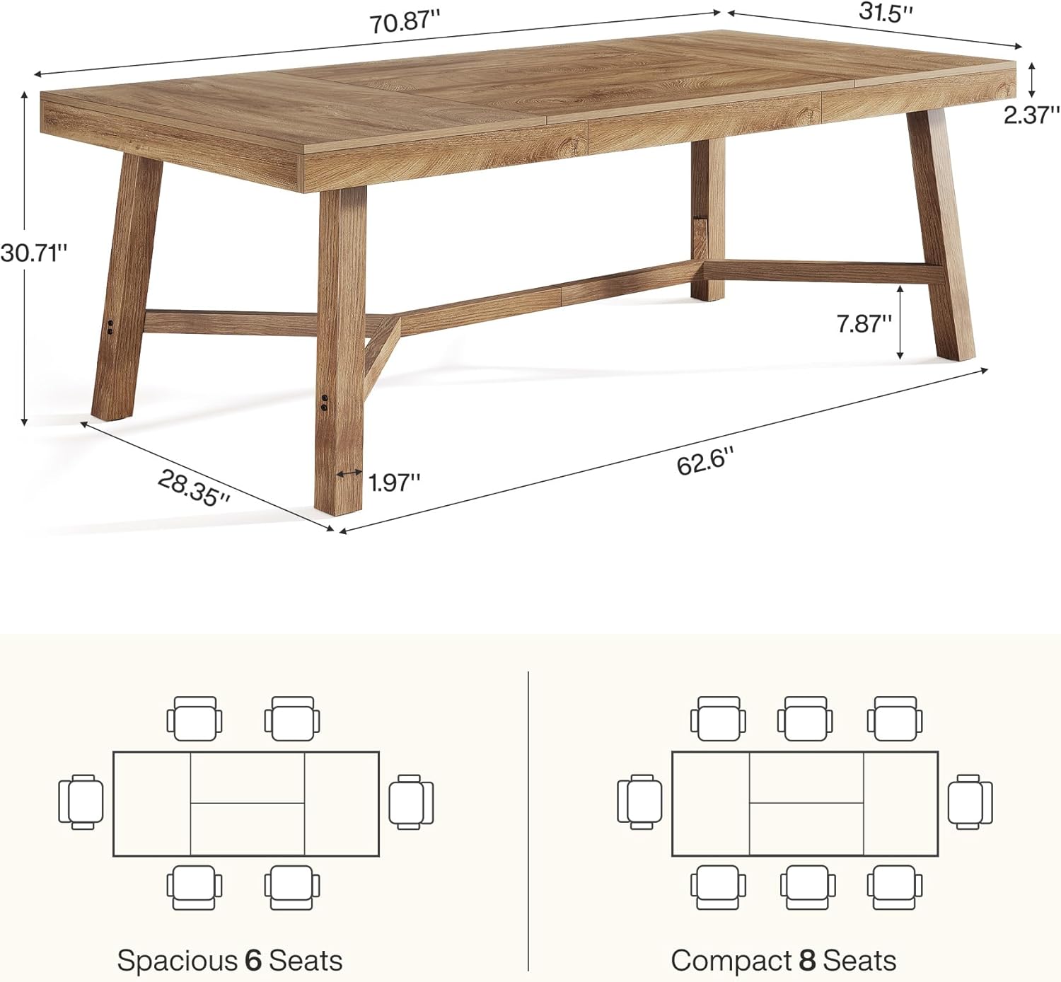 Tribesigns 70.9-Inch Dining Table for 6-8, Large Farmhouse Kitchen Table with Reinforced Metal Legs for Kitchen & Dining & Living Room, Natural