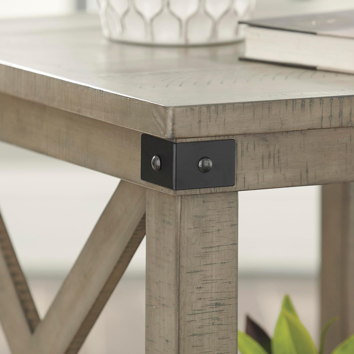Signature Design by Ashley Aldwin Casual Farmhouse Rectangular End Table with Crossbuck Details, Metal Bracket Accents, Wood, 25