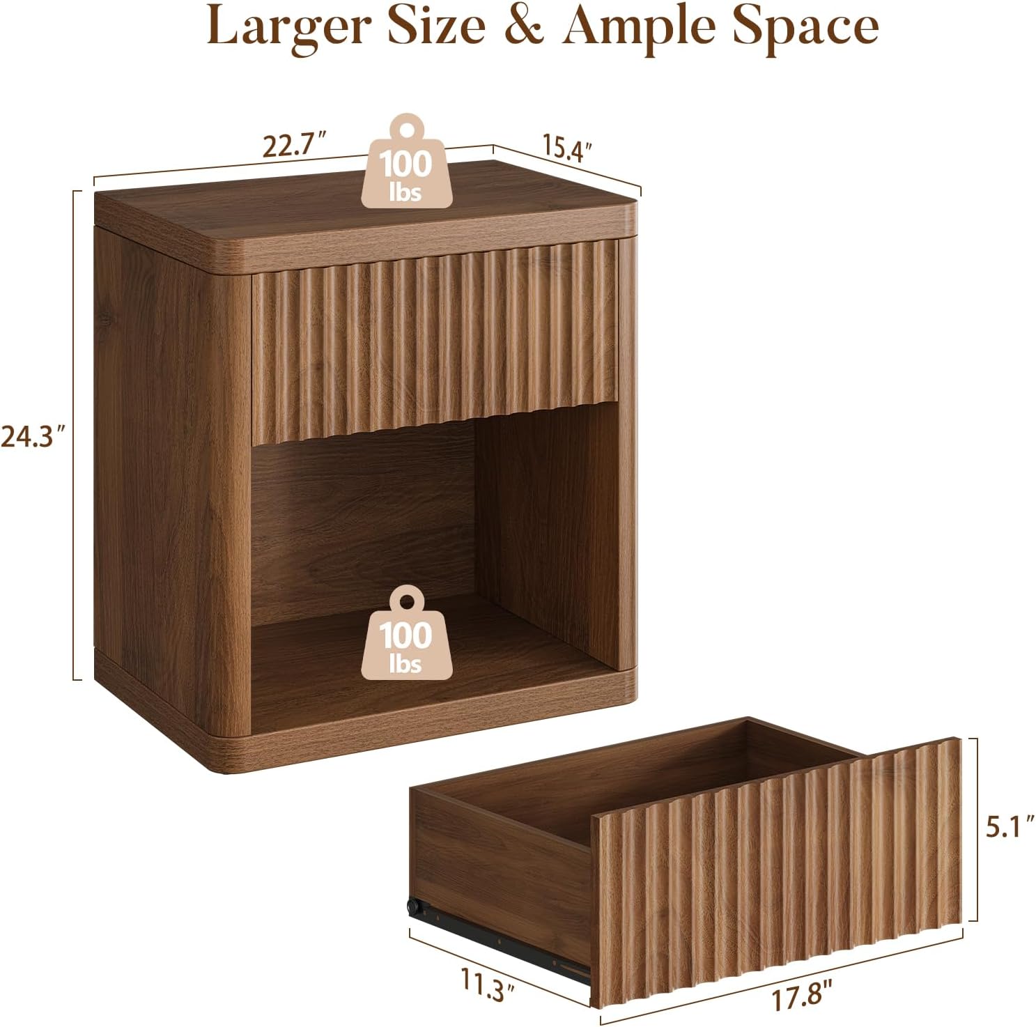 Night Stand Fluted Nightstand with Drawers, Wood Bedside Table End Tables, Large Storage Nightstands, Mid Century Modern Night Stands for Bedroom, Walnut