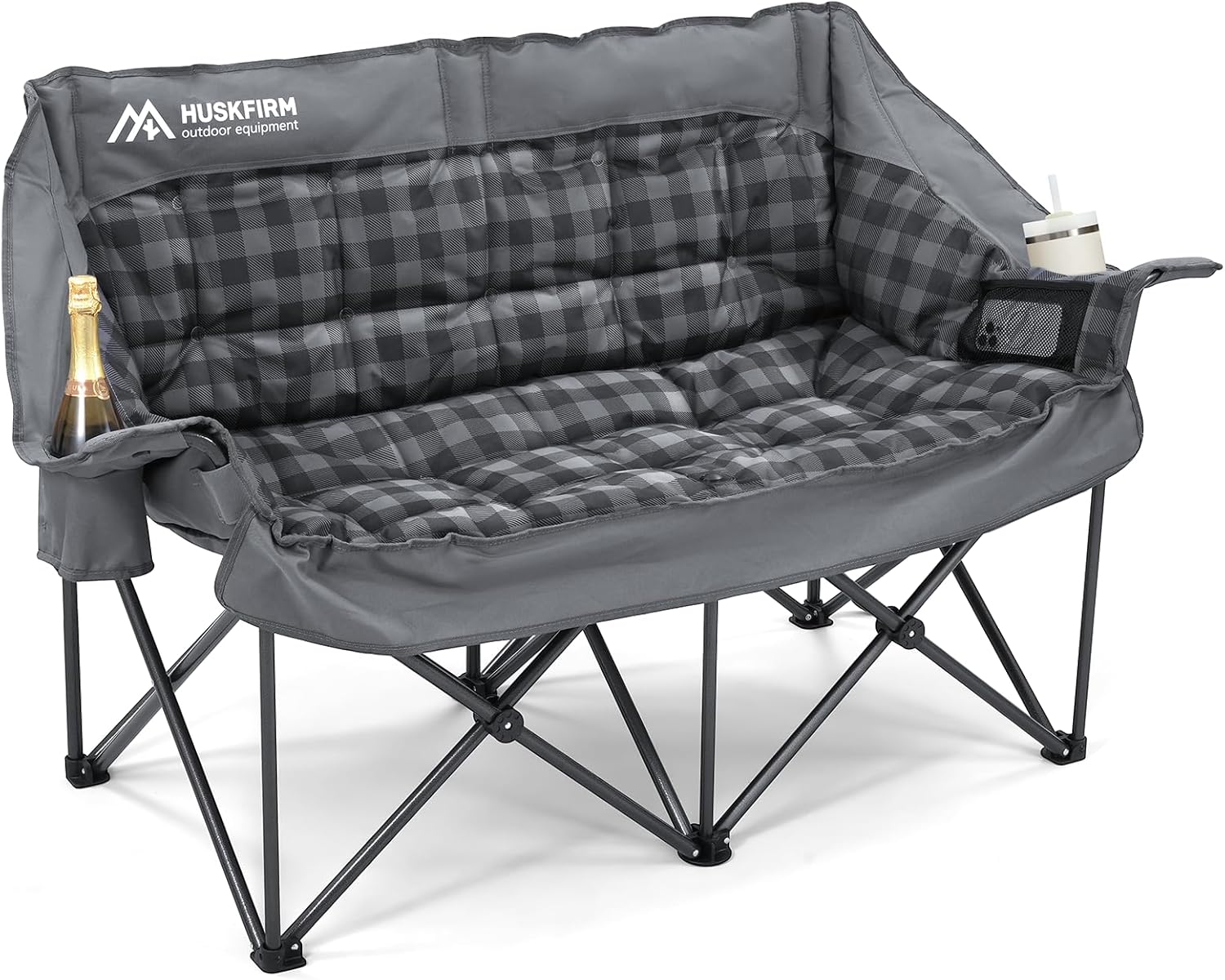 Double Camping Chair Padded 2 Person Camping Chair Camping Loveseat - Heavy Duty Oversized Camping Couch for Adults Outdoor Lawn Beach - Portable Folding Sofa with Cup Holders and Carry Bag, Grey