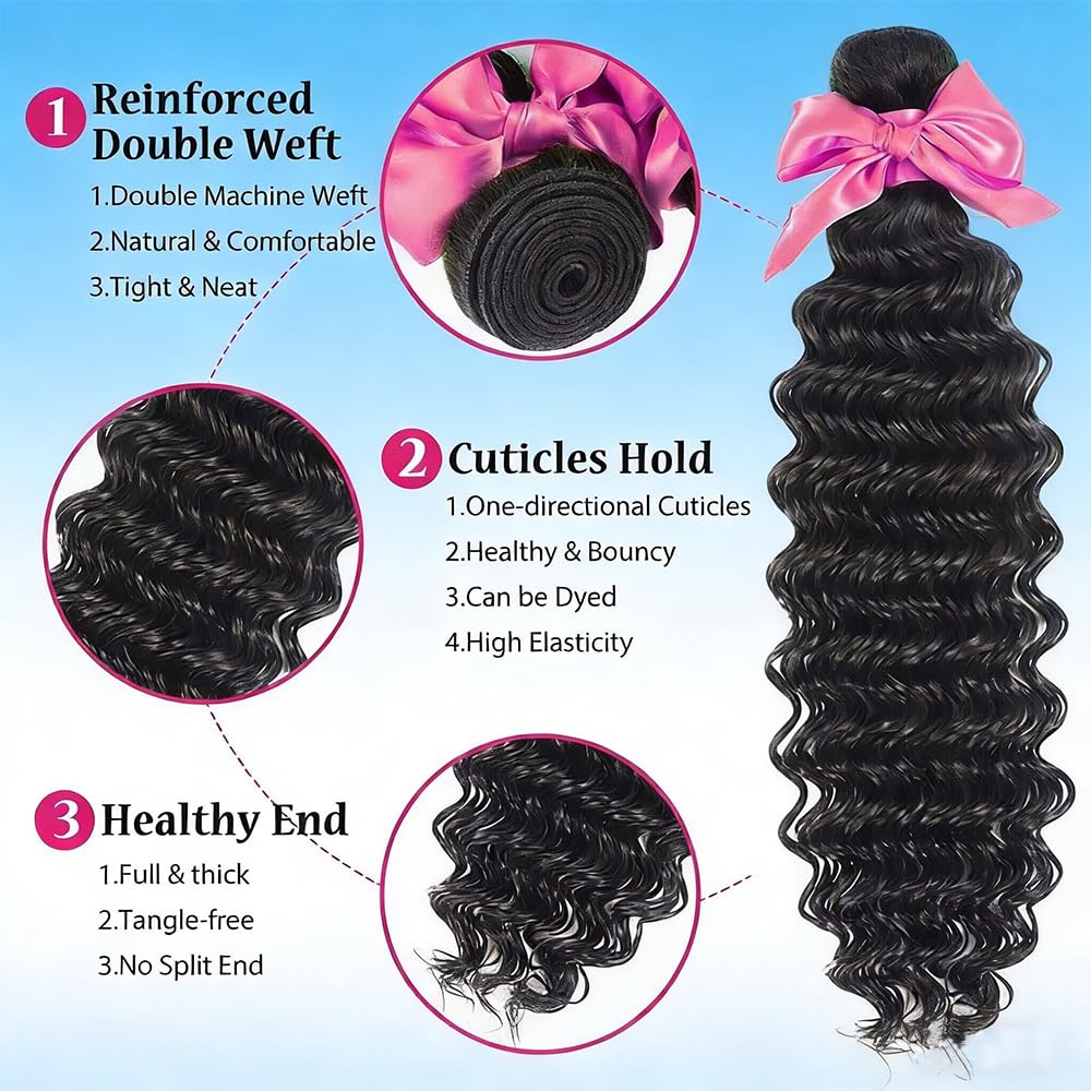 Human Hair Bundles 20 20 20Inch Deep Wave Bundles Human Hair 100% Unprocessed Brazilian Virgin Deep Curly Weave 3 Bundles 16a Wet and Wavy Hair Extensions Real Human Hair for Women Natural Black