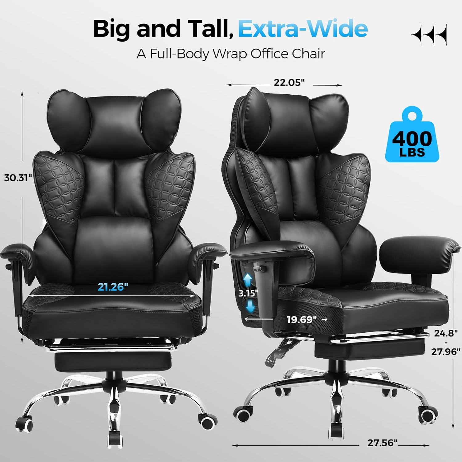 GTPLAYER Big and Tall Gaming Chair 400lbs Heavy Duty Office Chair with Foot Rest & Ergonomic Pocket Spring Lumbar Support, High Back 3D Saddle Shaped Cushion for Back Pain Relief, Matte-Black