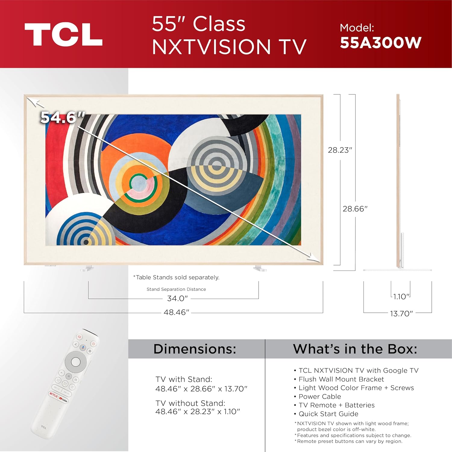 TCL 55 Inch Class NXTVISION Series Picture Frame Canvas Art TV | 55A300W, 2024 Model | QLED 4K HDR Smart Google TV | 120HZ Dolby Atmos Audio | Voice Remote Alexa Google Apple Streaming Television