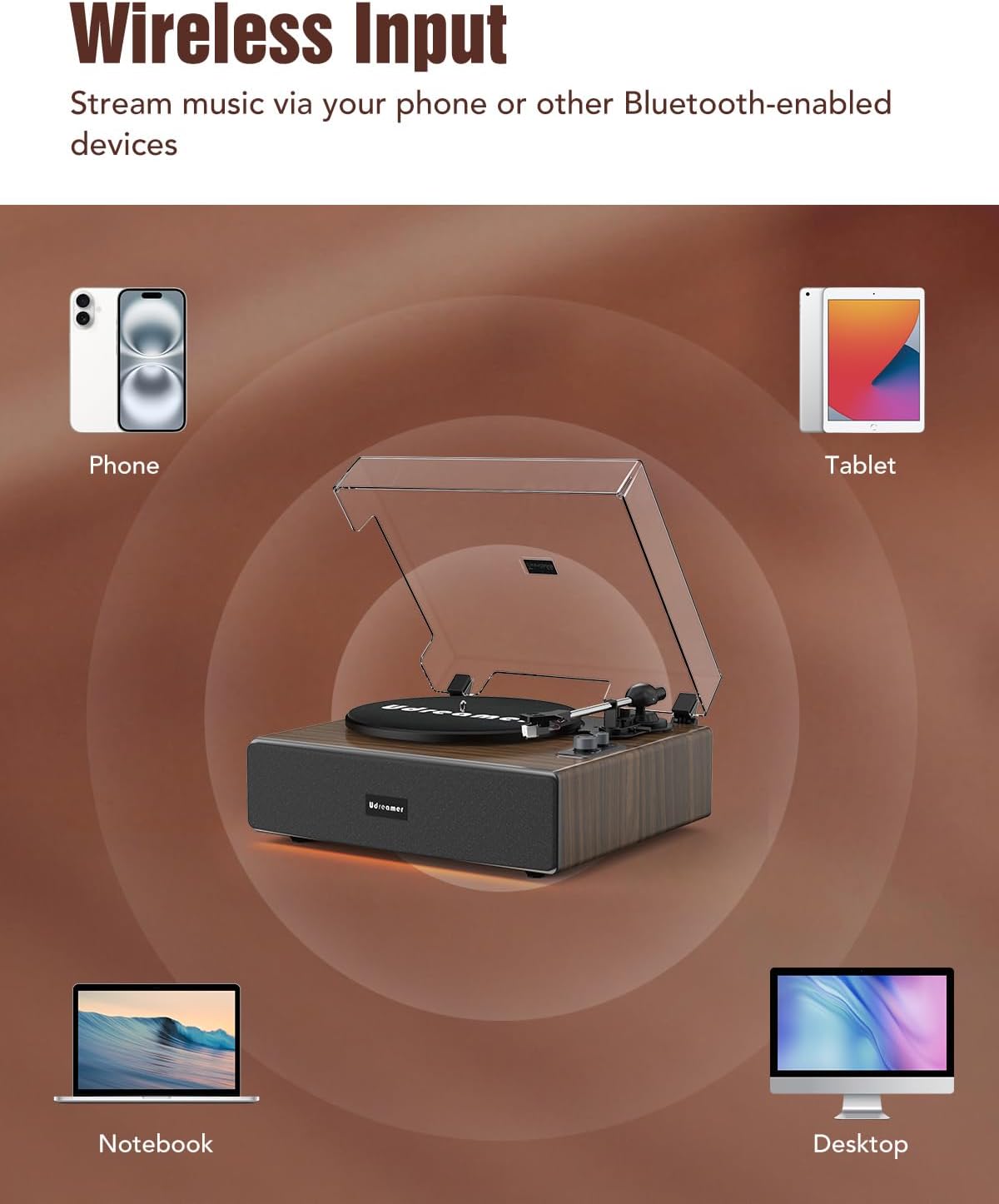 Udreamer Vinyl Record Player with Bluetooth Input, All-in-One Turntable with Built-in Speakers, AT-3600L Cartridge, Belt Drive 33/45 RPM, Auto Stop, Adjustable Lighting