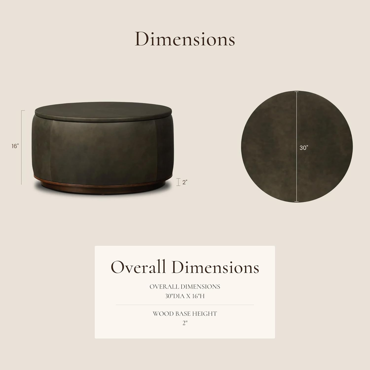 Poly & BARK Herve Storage Ottoman – Round Italian Full-Grain Leather Ottoman with Hidden Storage – Solid Wood Base in Walnut Finish – Olivine Green