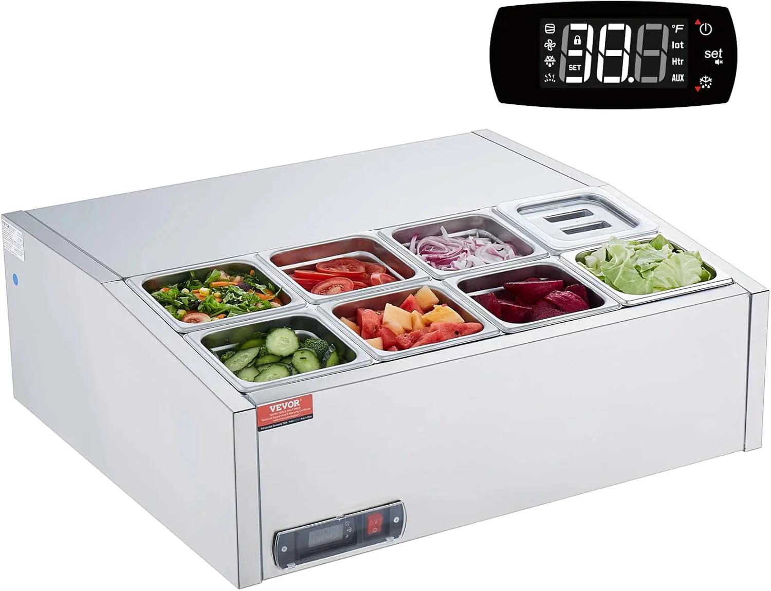 Refrigerated Condiment Prep Station, 135 W Countertop Refrigerated Condiment Station, with 2 1/3 Pans & 4 1/6 Pans, 304 Stainless Body and PC Lid, Sandwich Prep Table with Stainless Guard, ETL