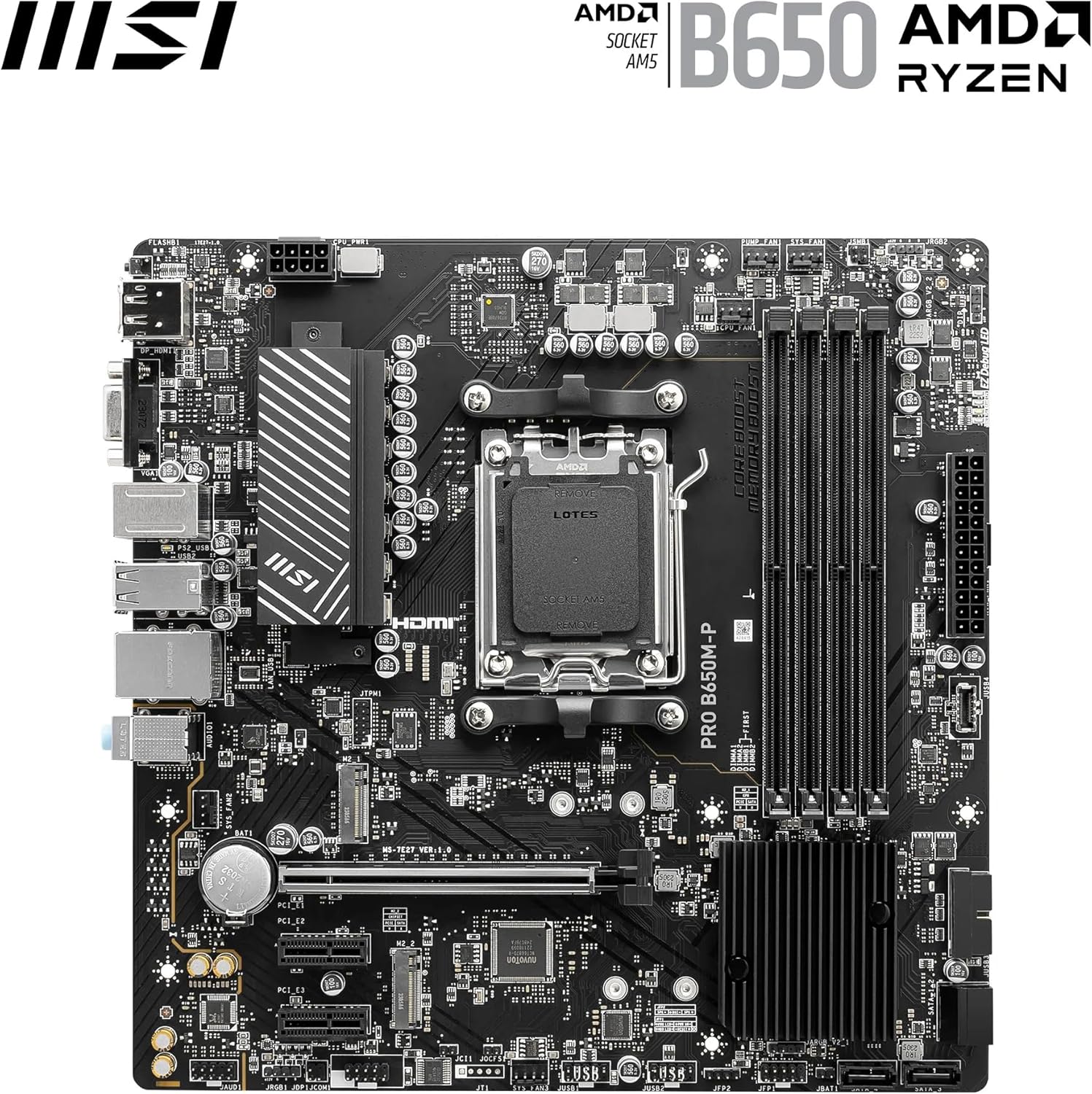 MSI Pro B650M-P AM5 mATX Motherboard, AMD B650 Chipset, 4X DDR5 Slots, 192GB Max Memory, 1x PCI-E x16, 2X M.2 Storage Slot, 4X SATA 6G, Realtek 8125BG 2.5G LAN, HDMI/DP/VGA - Black