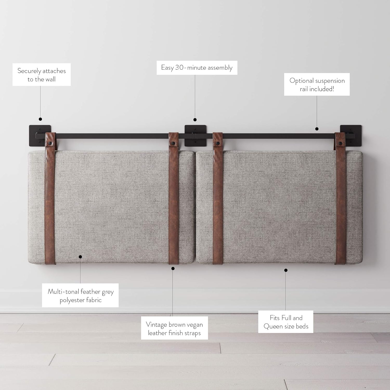 Nathan James Harlow Modern Wall Mount Hanging Headboard, Queen, Gray with Brown Faux Leather Straps