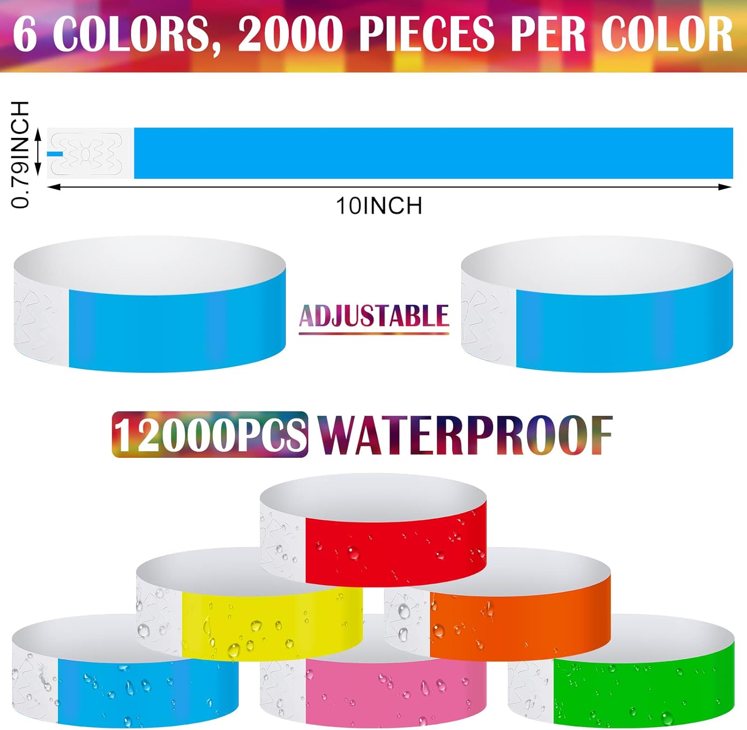 Tudomro 12000 Pcs Paper Wristbands for Events Arm Hand Lightweight Neon Colored Concert Party Wristbands Adhesive Paper Bracelets Waterproof(Bright Color)