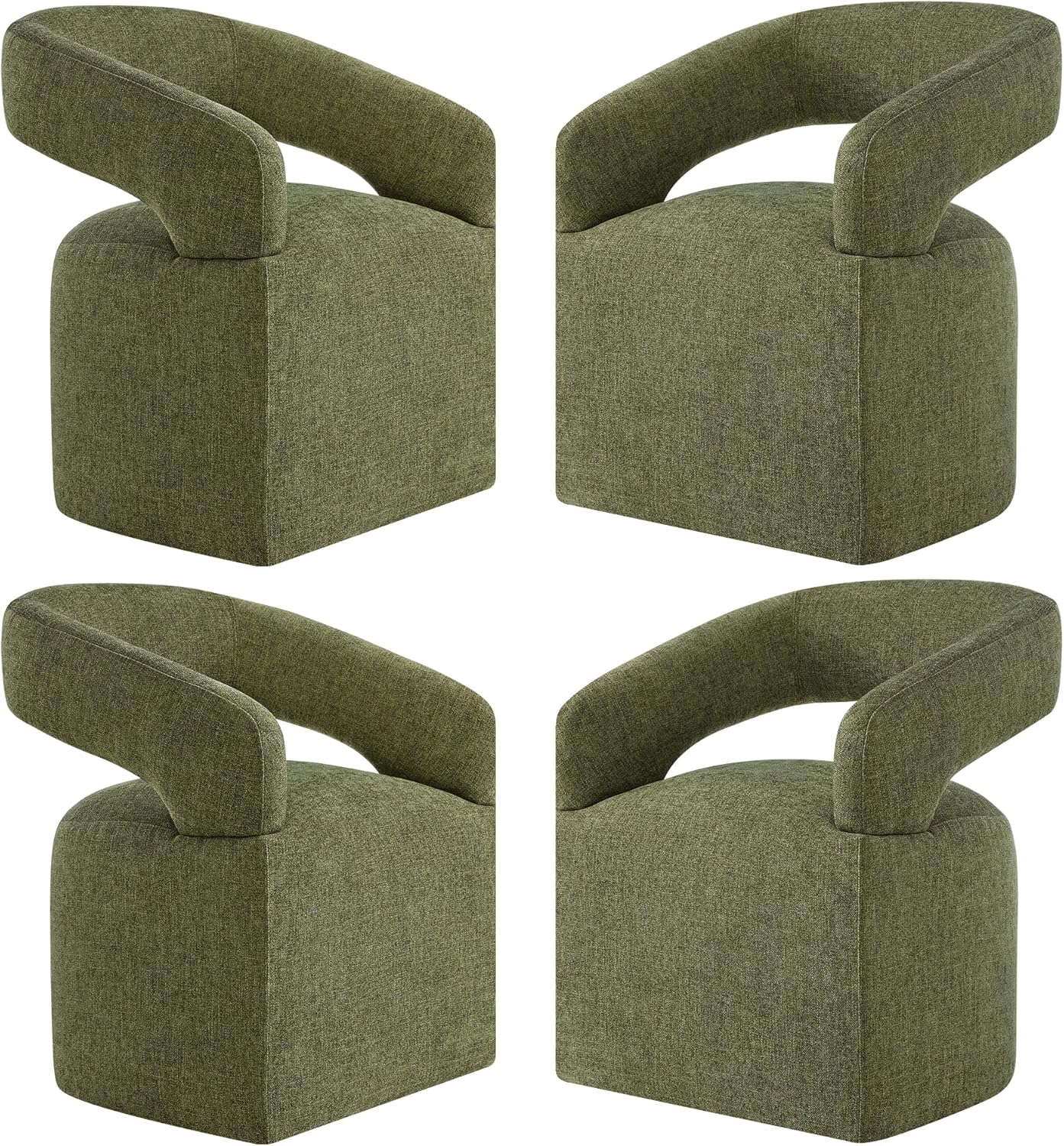 KISLOT Upholstered Dining Chairs with Casters, Modern Barrel Side Armchair with Rollers for Dining Room, Bedroom, Kitchen, Reading Room, Green, Set of 4