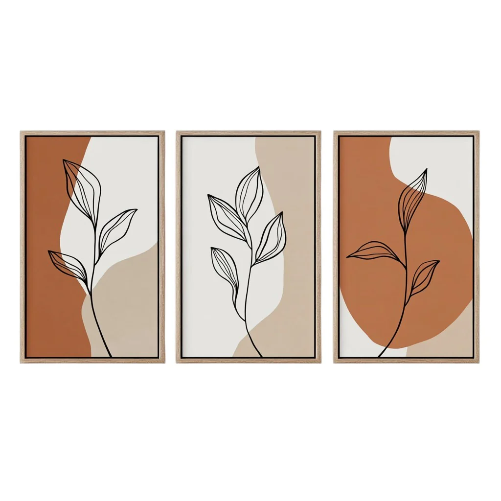 Set of 3 Boho Wall Art Prints - Minimalist Botanical Line Art - Light Oak Frames - Terracotta & Cream Decor for Bedroom, Bathroom & Gallery Wall
