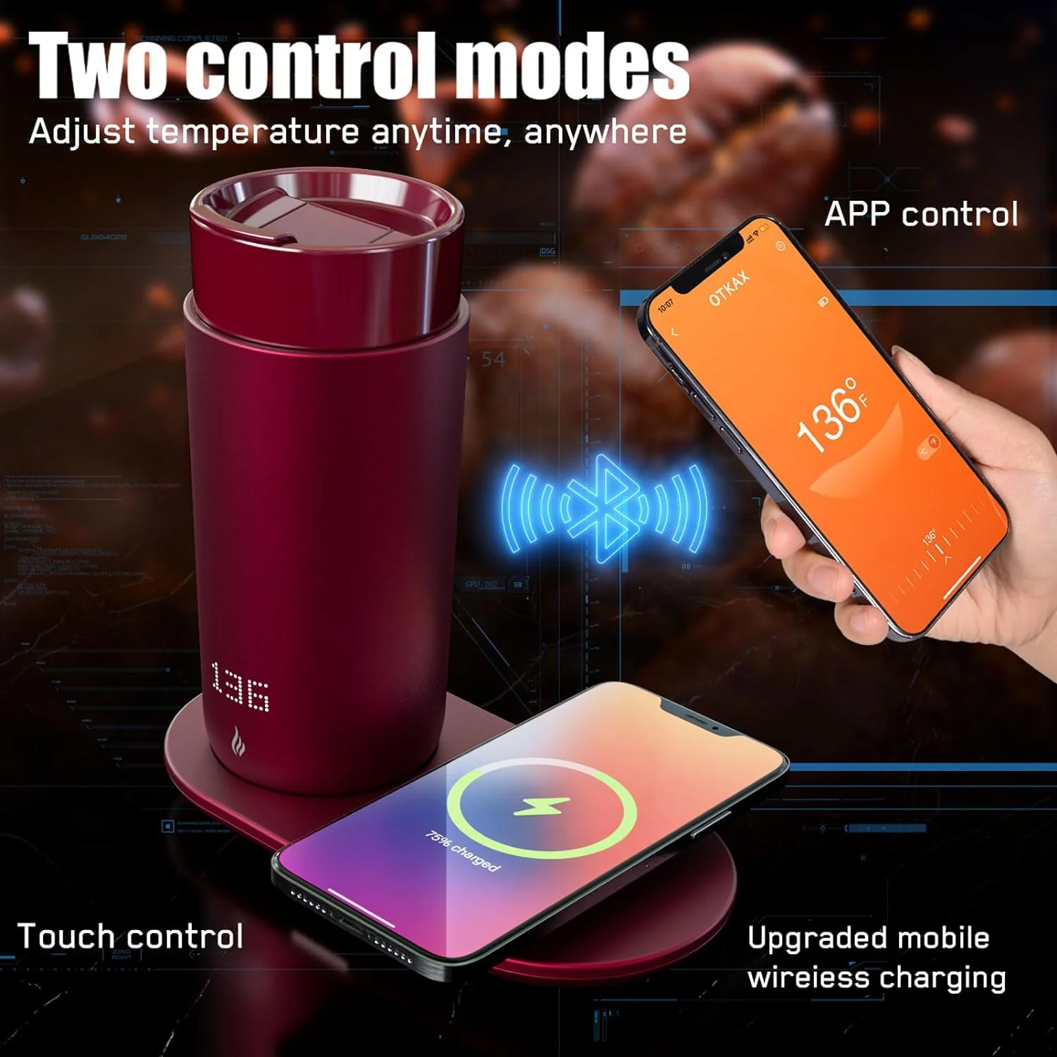 Temperature Control Heated Coffee Mug Smart Self Heating Travel Mug 12 Oz App Controlled Warmer Mug 5 Hour LED Display Keep Coffee Hot All Day up to 149℉ Fast Wireless Charger Base Black2.0