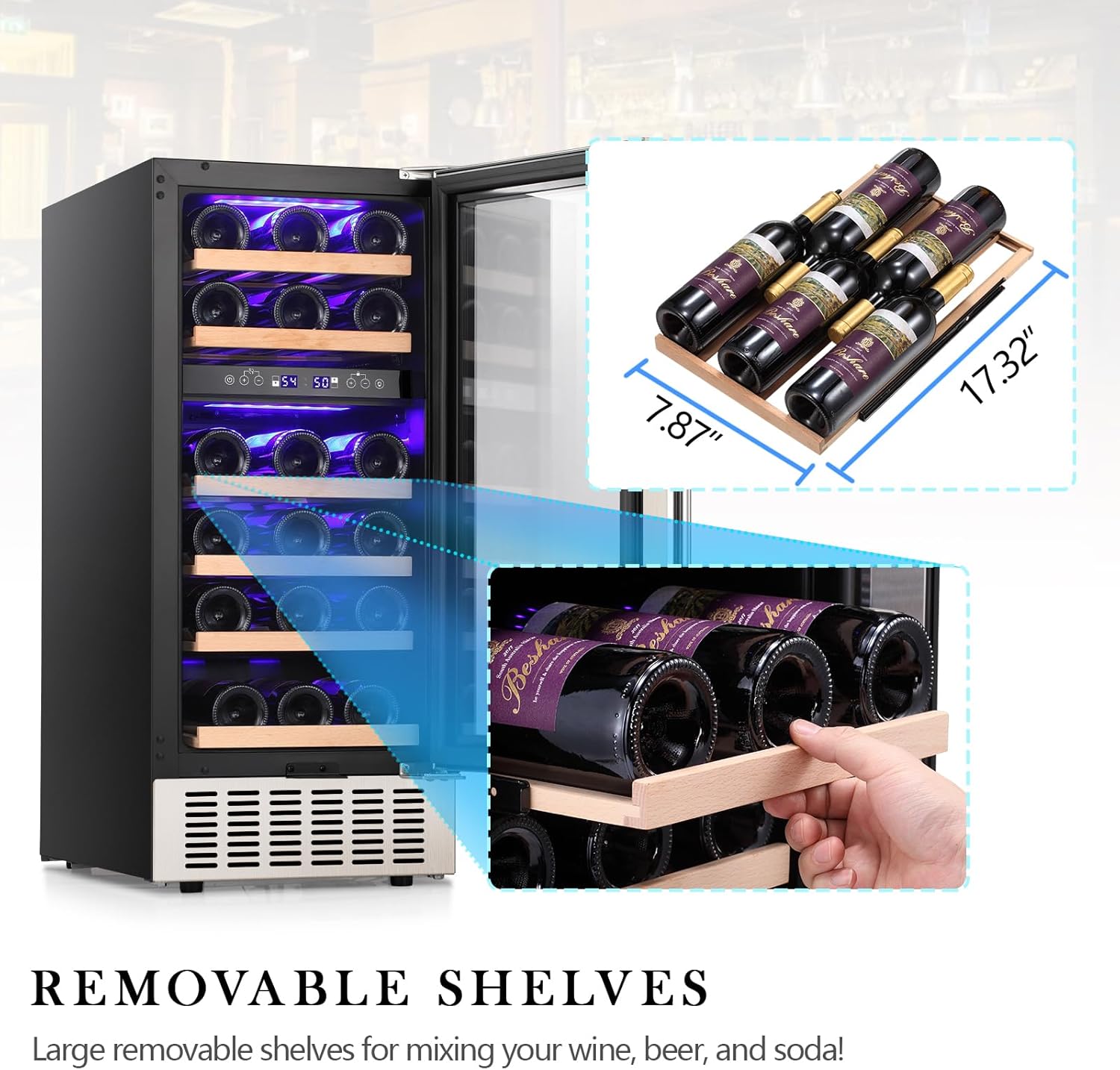 COWSAR 28 Bottle Wine Fridge, Commercial Dual Zone Beverage Refrigerator, Independent Temp, LED, Under Counter Drink Wine Cooler Chiller with Stainless Steel Frame, Double-Layer Tempered Glass Door