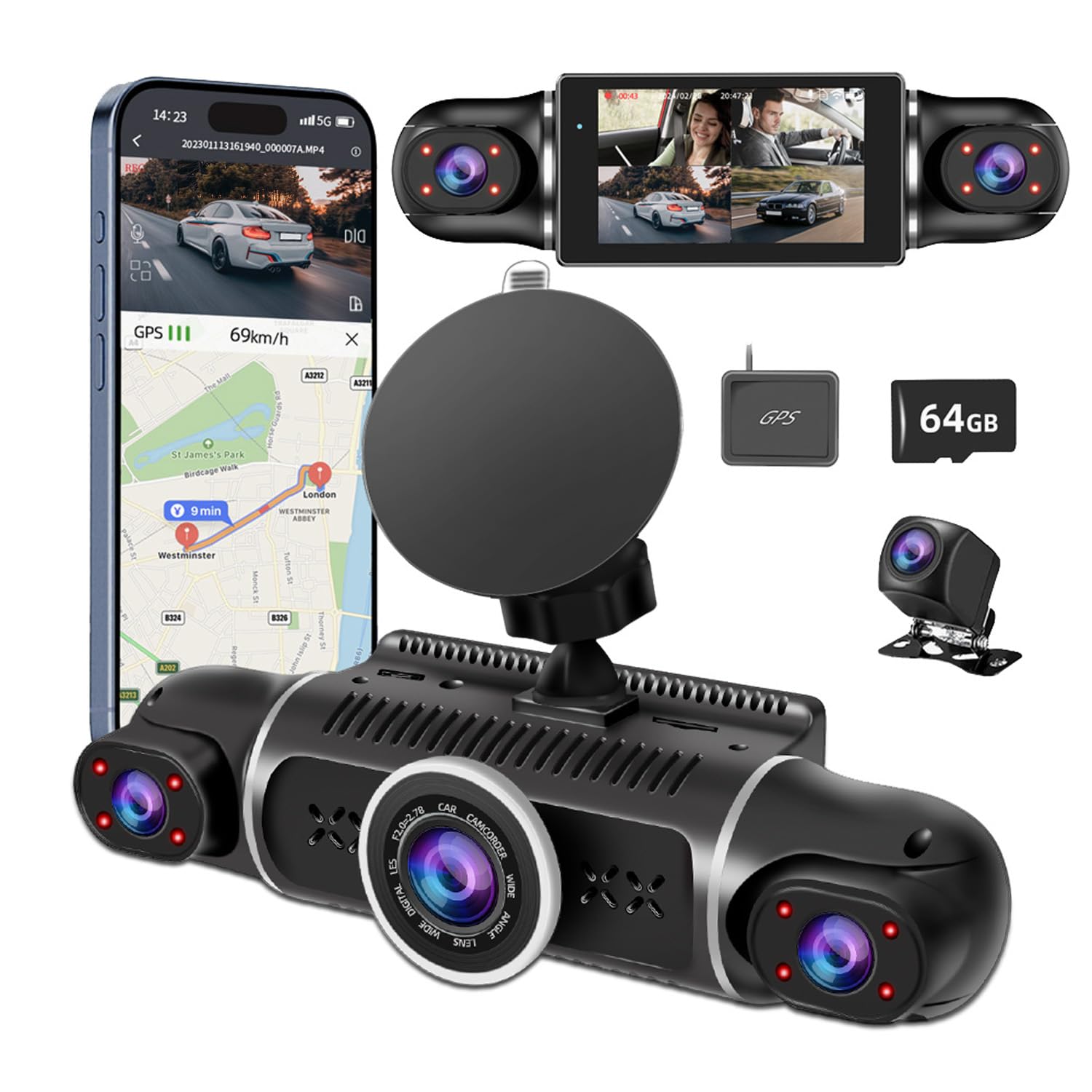 ZUNFLY 360° Dash Cam 4-Channel FHD 2K & Night Vision