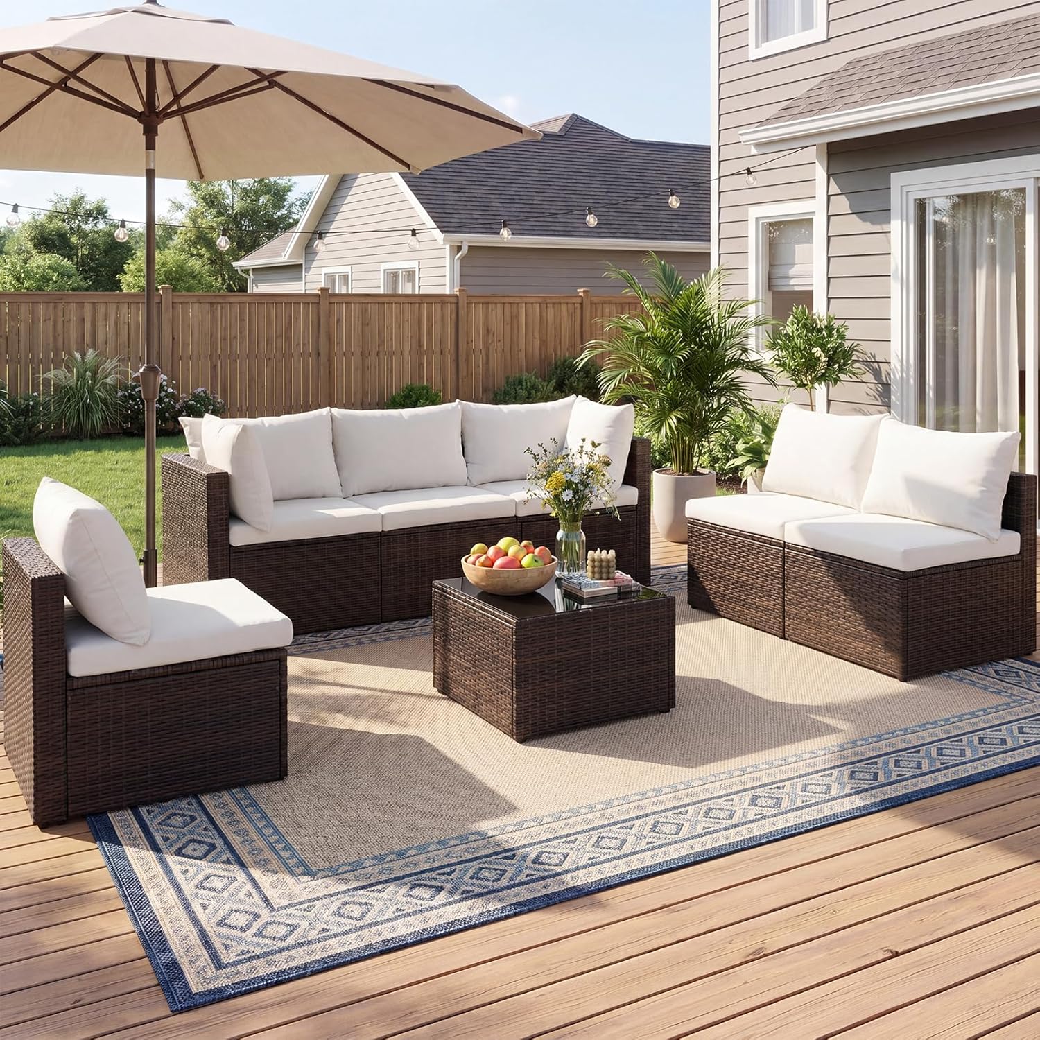 Sweetcrispy 7-Piece Outdoor Patio Sectional Sofa, Modular PE Wicker Outdoor Sectional with Thick Cushions, Rattan Patio Sofa Set with Coffee Table for Backyard, Poolside, Garden, Deck, Brown