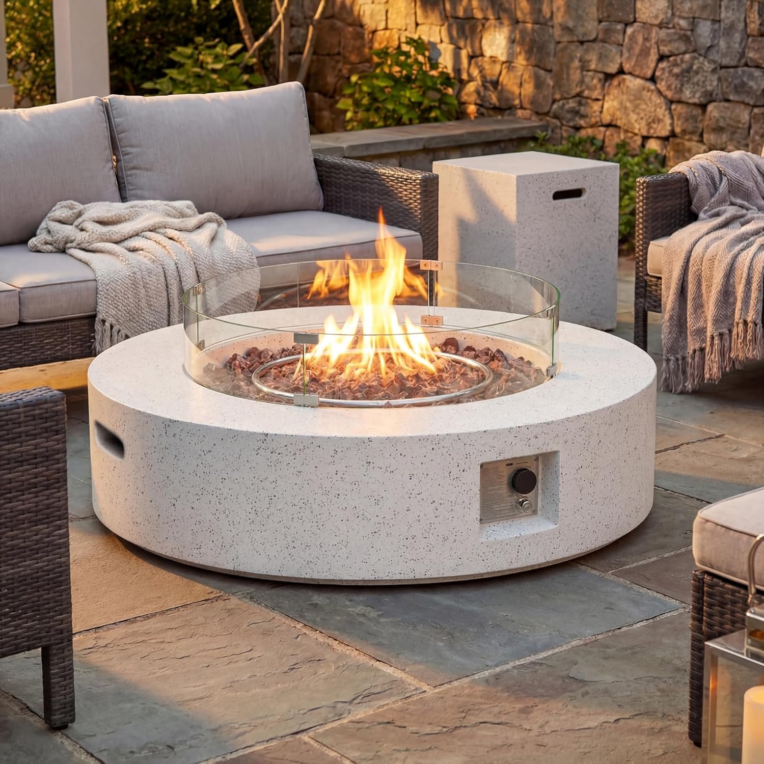 COSIEST 2-Piece Outdoor Propane Firepit Table Set w Tank Table, 42 inch Dark Fire Table Certified, 50,000 BTU w Beige Round Base,Wind Guard and 16 inches Tank Side Table 20lb for Garden,Pool
