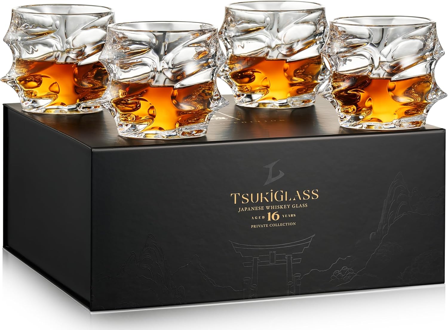 TSUKIGLASS® Storm Premium Japanese Crystal Whiskey Glasses Set of 4 - Gift Ready Box, 100% Ultra Clarity Lead-Free Crystal, 10oz Tumblers for Bourbon, Scotch & Cocktails, Luxury Gift for Father's Day