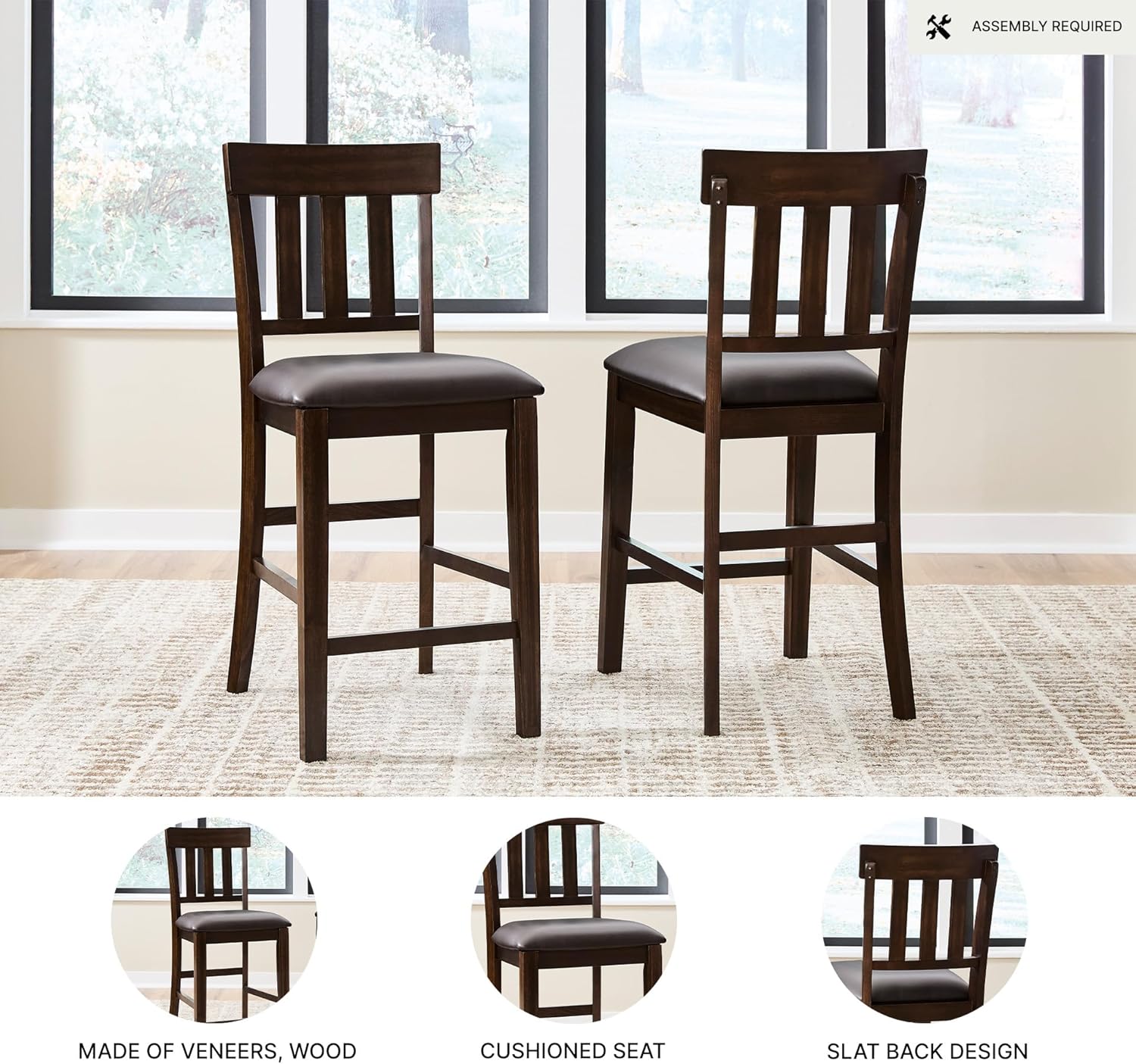 Signature Design by Ashley Haddigan Upholstered Barstool, 2 Count, Slat Back Design, Cushioned Seat, Wood, 25.5