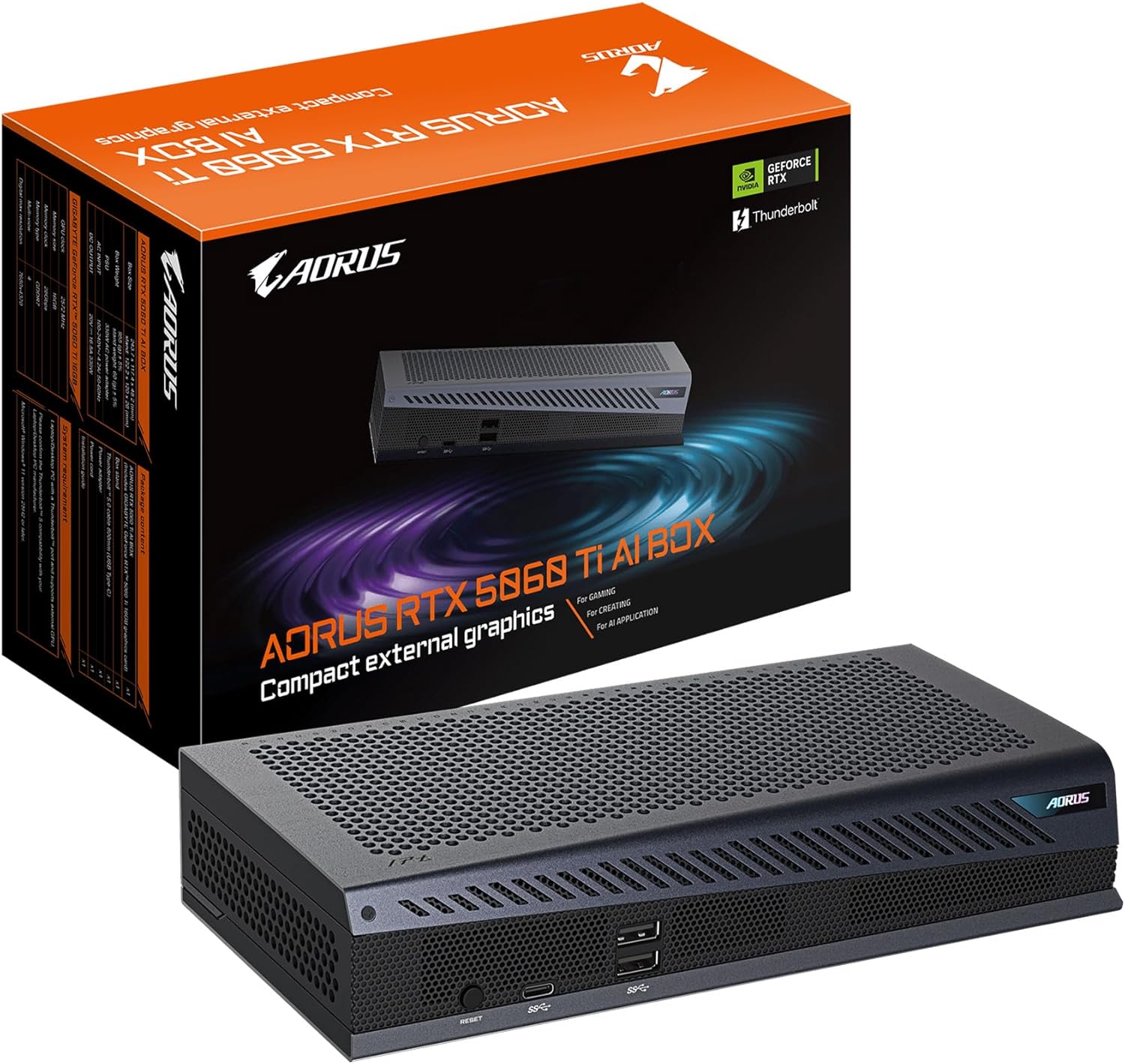 GIGABYTE AORUS RTX 5060 Ti AI Box Graphics Card (16GB GDDR7, 128-bit, PCIe 5.0, HDMI/DP 2.1b, Hawk Fan, Server-Grade Thermal Gel, Thunderbolt 5™)