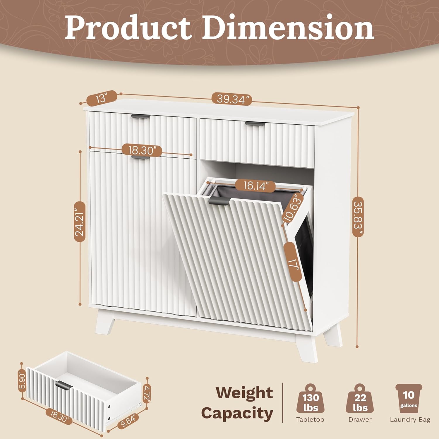 Double Tilt Out Laundry Hamper Cabinet, 20 Gallon Wooden Trash Can Cabinet with Drawers, Hidden Fluted Bathroom Storage Cabinet for Kitchen, Living Room (White, 39.34