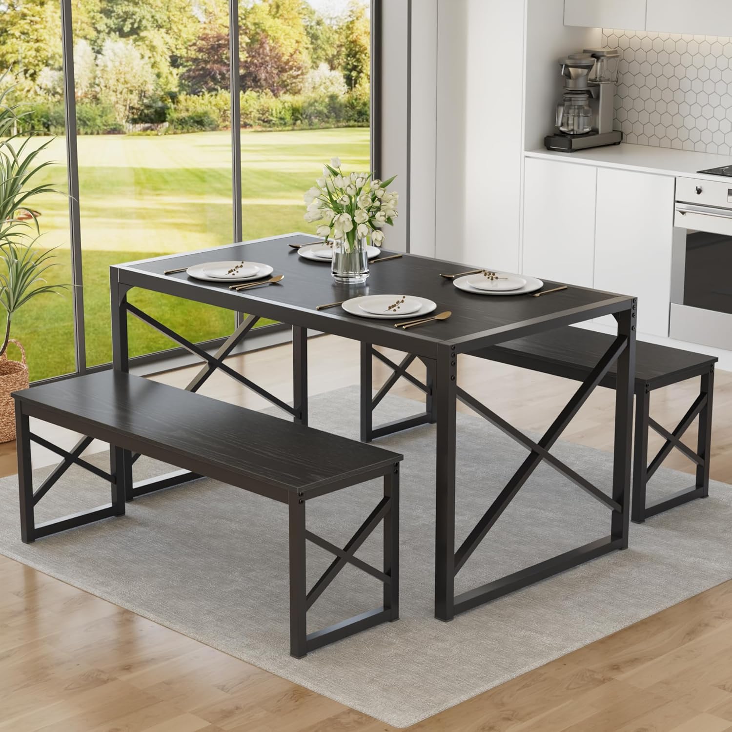 VECELO 55” Kitchen Dining Table Set for 4, Heavy-Duty Steel Frame & Wood-Grain Tabletop, Space-Saving Dinette Sets with 2 Benches for Breakfast Nook and Small Space, Black