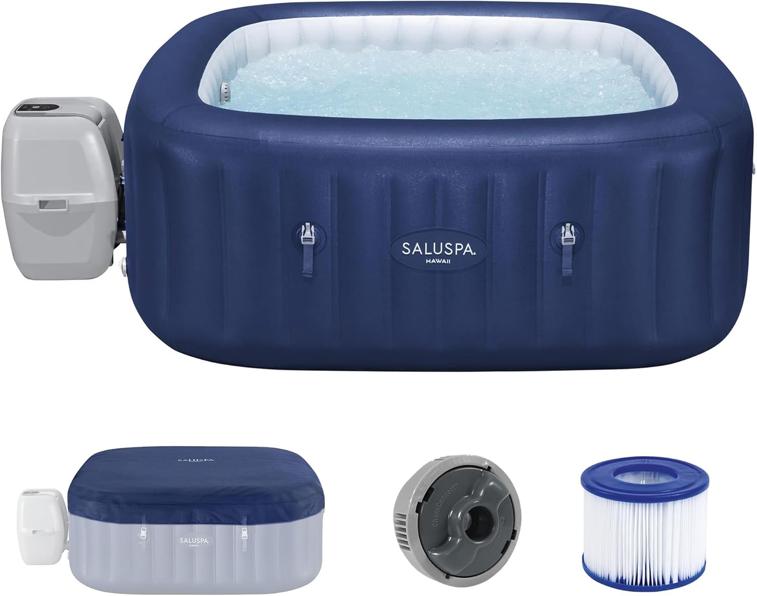 Bestway SaluSpa Hawaii 4 to 6 Person Inflatable Hot Tub, Square Energy-Efficient Portable Outdoor Spa with 140 AirJets, 71