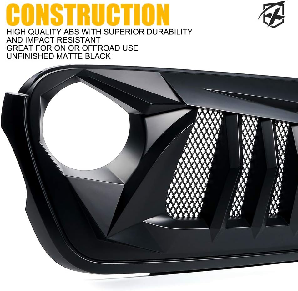 Xprite Matte Black Front Grille Grid Grill w/Mesh Compatible with 2018-2021 Jeep Wrangler JL JT - Black Widow Series