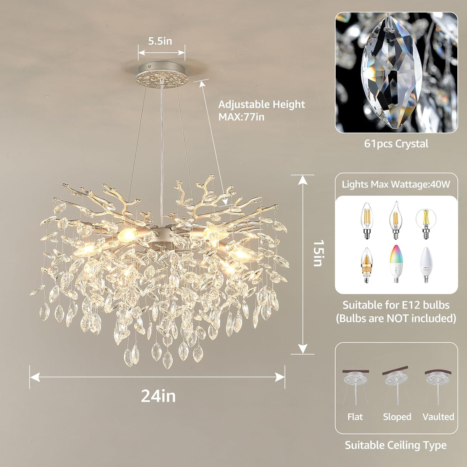 EGM 24-Inch Modern Crystal Chandeliers for Living Room, Silver Crystal Chandeliers for Dining Room, 8-Light Modern Raindrop Leaf Chandelier for Bedroom, Babyroom, E12
