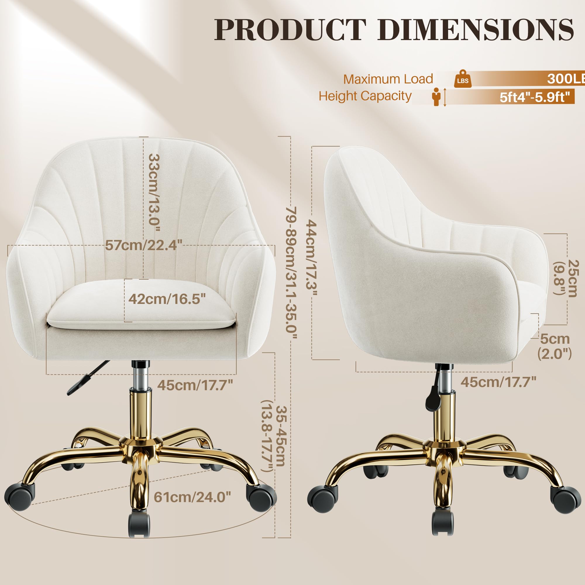 BESTERA Vanity Chair with Wheels - Adjustable Velvet Makeup Chair