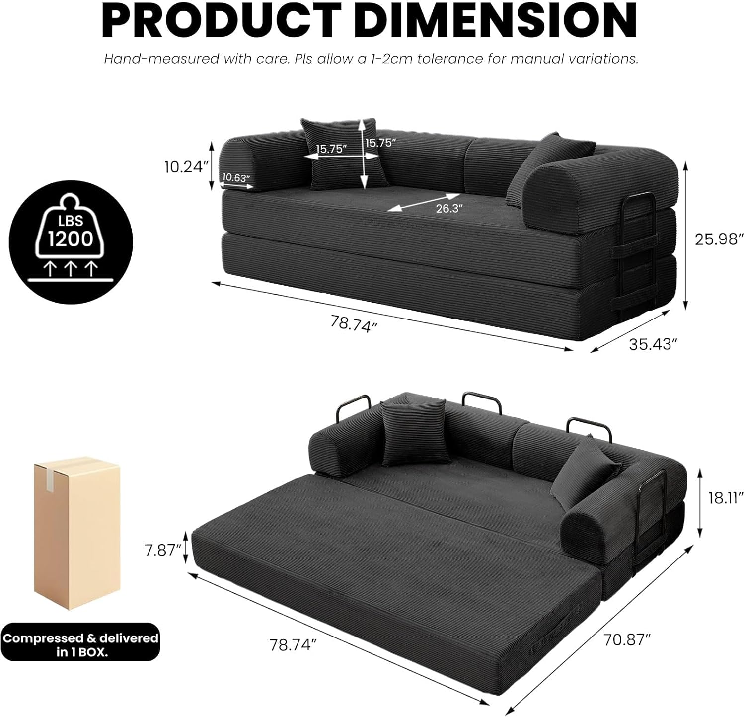 79'' Convertible Sofa Bed, 5-in-1 Folding Boneless Couch, Pull Out Floor Sleeper, Modular Lounge Sofa for Living Room Bedroom, Multi-Function Foldable Sofa (Black)