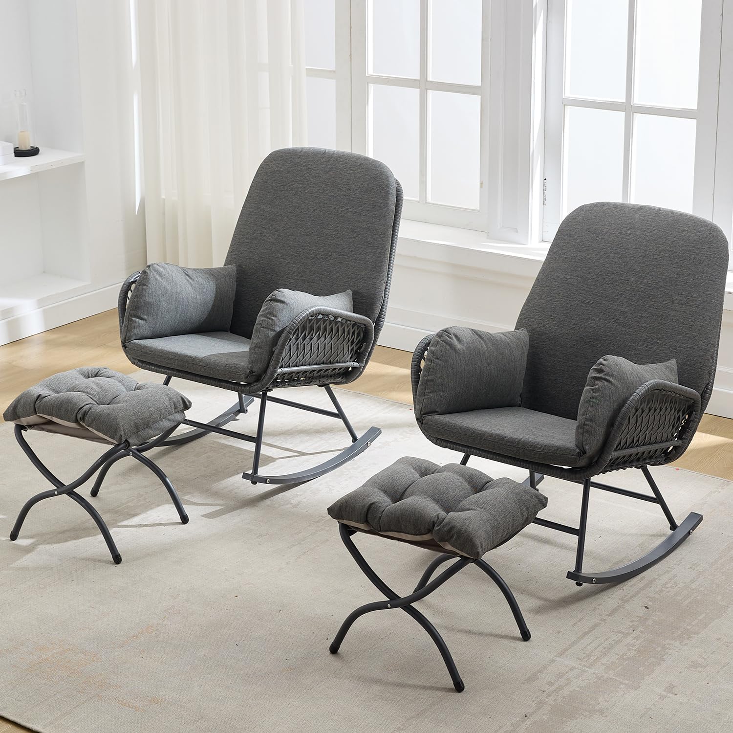 Outdoor Rocking Chairs with Ottoman Set of 2, Patio Glider Rocking Chair with Cushion, Comfy Rattan Lounge Chairs for Bedroom, Living Room, Dark Gray