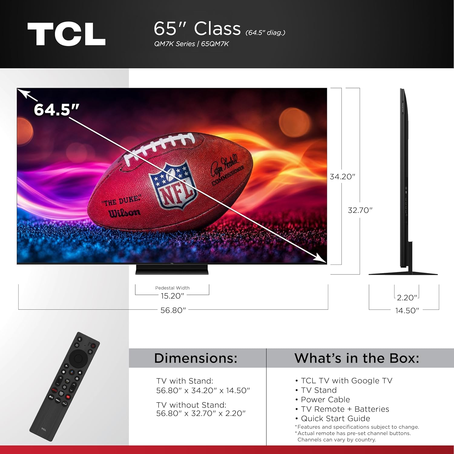 TCL 65 Inch Class QM7K Series | Mini LED QLED 4K HDR | 65QM7K, 2025 Model | 120HZ-144HZ Anti Reflective Screen Smart Google TV Dolby Atmos Onkyo Audio | Voice Remote Alexa Gaming Streaming Television