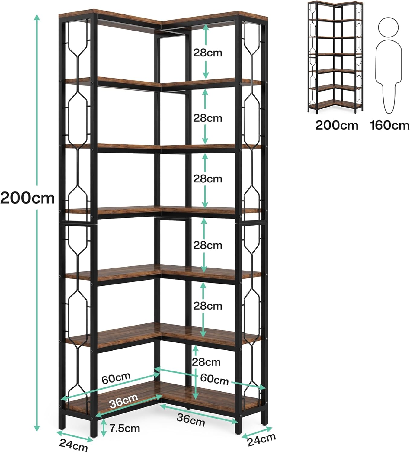 Tribesigns Corner Shelf, 7-Tier Industrial Corner Bookshelf, Wood and Metal Etagere Bookcase, Freestanding Display Shelf for Living Room, Kitchen, Home Office, Rustic Brown | Corner Bookshelf