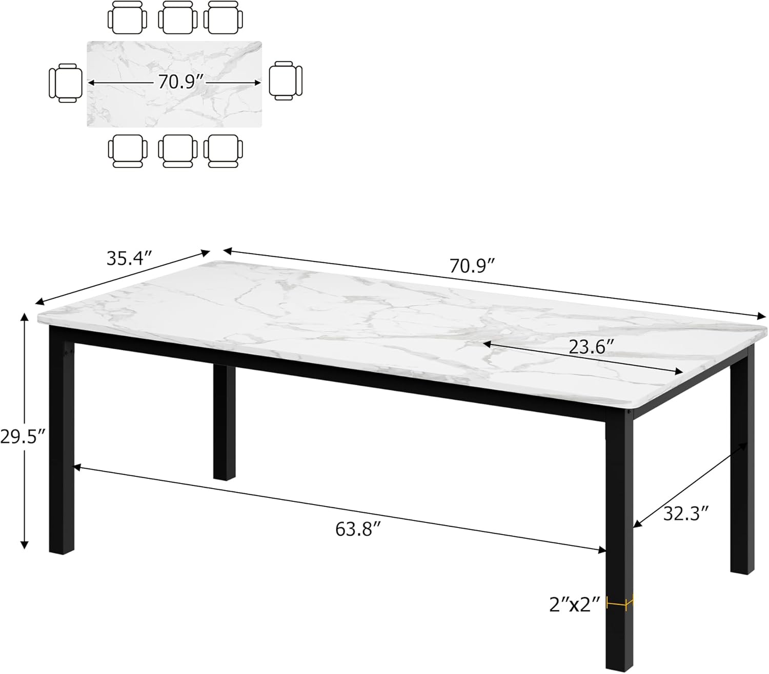 GarveeHome 70.8 in Industrial Dining Table for 6, Wooden Long Dinner Table with Mortise Tenon Design, Kitchen Table with Sturdy Metal Legs, for Dining Room Home Office Living Room, White