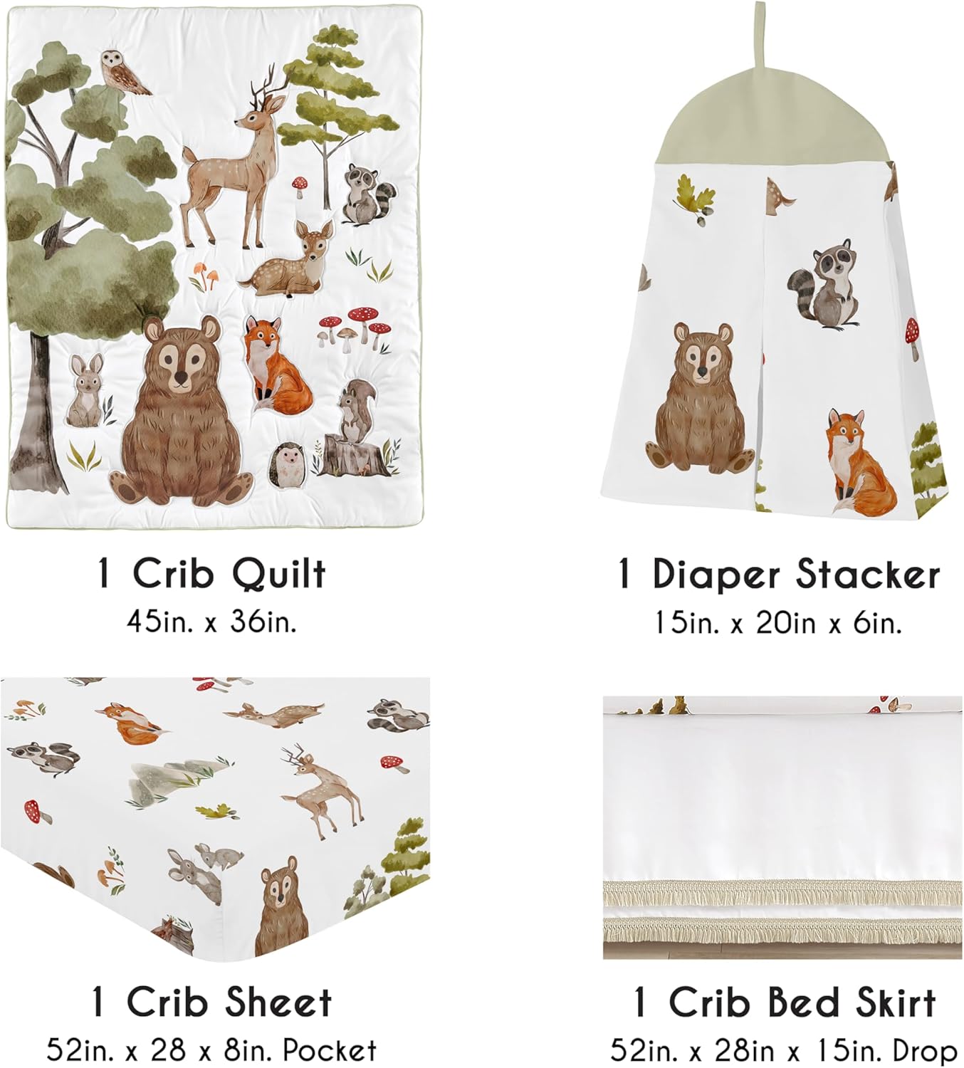 Sweet Jojo Designs 4-Piece Baby Crib Bedding Set (Woodland Animals) for Boys or Girls, Infants/Nursery incl. Blanket, Fitted Sheet, Skirt, Diaper Stacker (Neutral Theme, Forest Animal, Bear, Hedgehog)