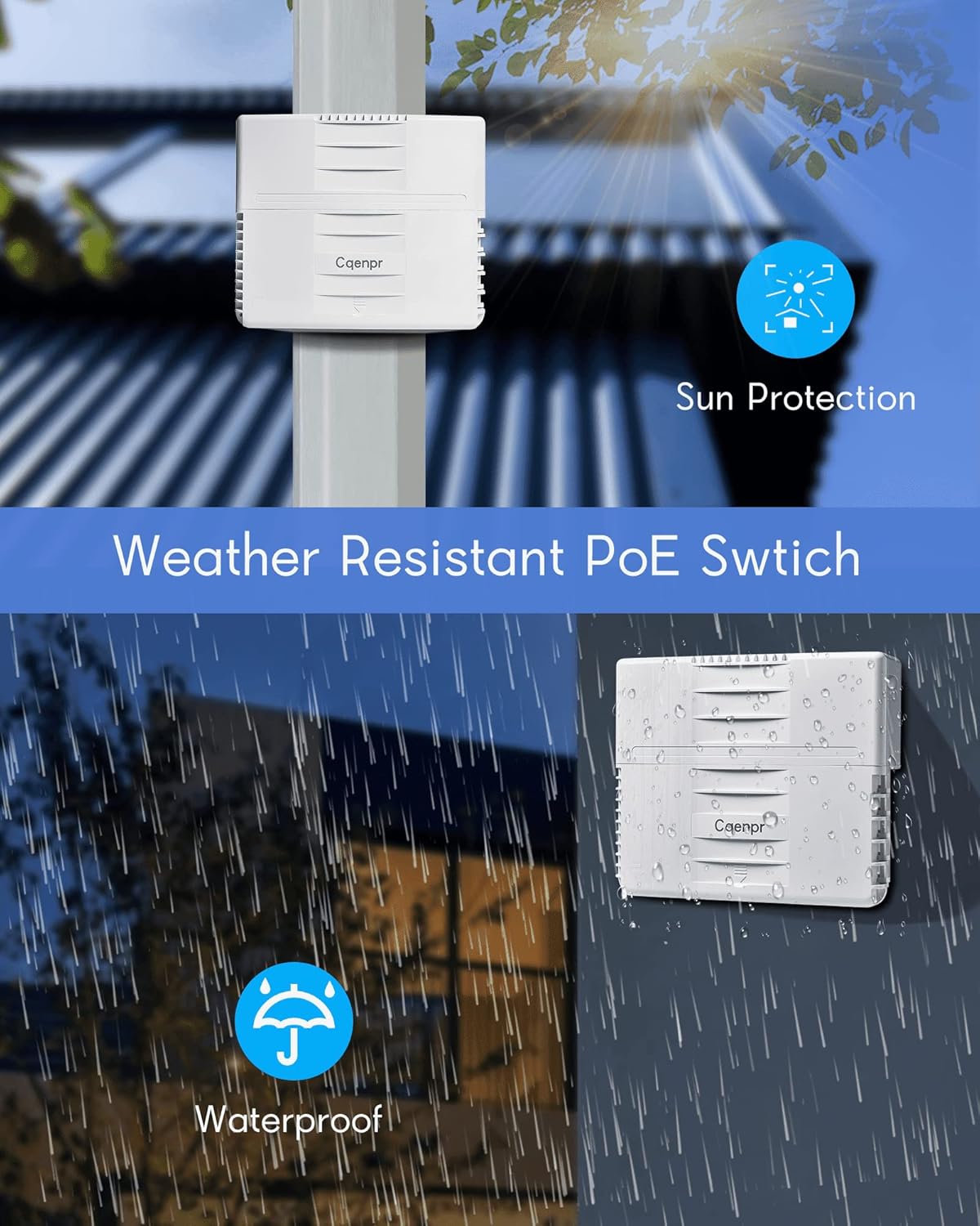 Outdoor Poe Switch with 8 Port Poe+2G Uplink+1SFP Slot, IEEE802.3af/at/bt, All-in-One Box, 60W PoE++, 120W High Power Output, Play & Plug, Fan-Less Unmanaged, AI Watchdog.