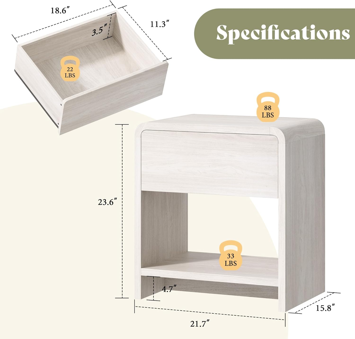 AMERLIFE Modern Night Stand Set 2 with Storage Drawer & Open Shelves, 24